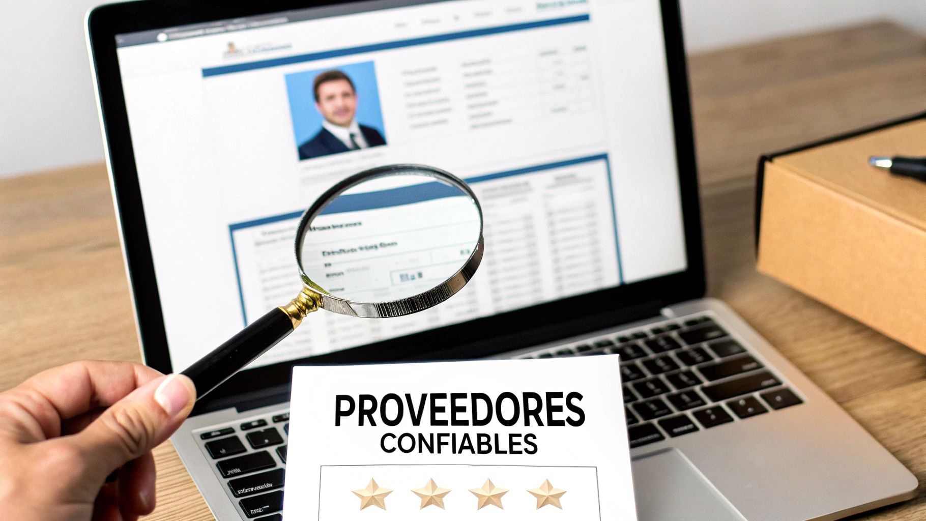 Mano examinando proveedores confiables con lupa frente a una laptop mostrando perfiles de negocio.