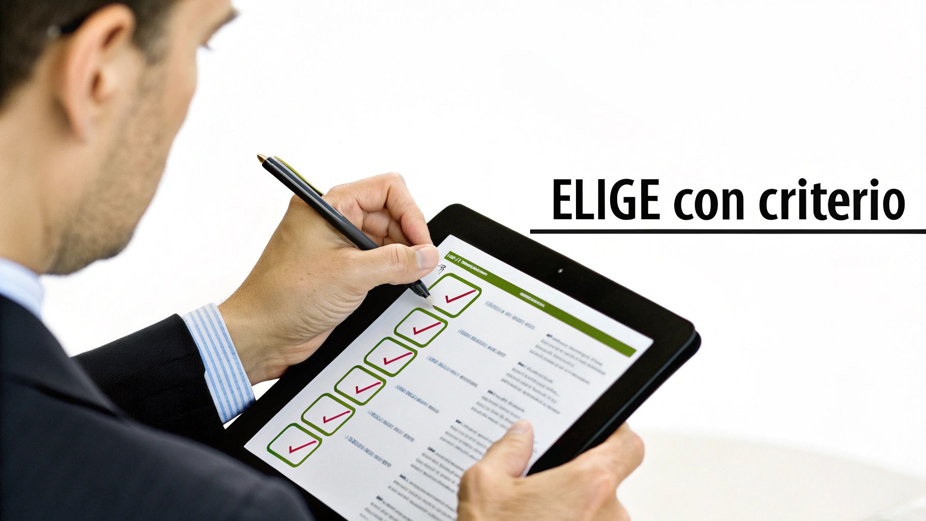 Empresario revisando lista de criterios en tablet para elegir opciones de financiamiento