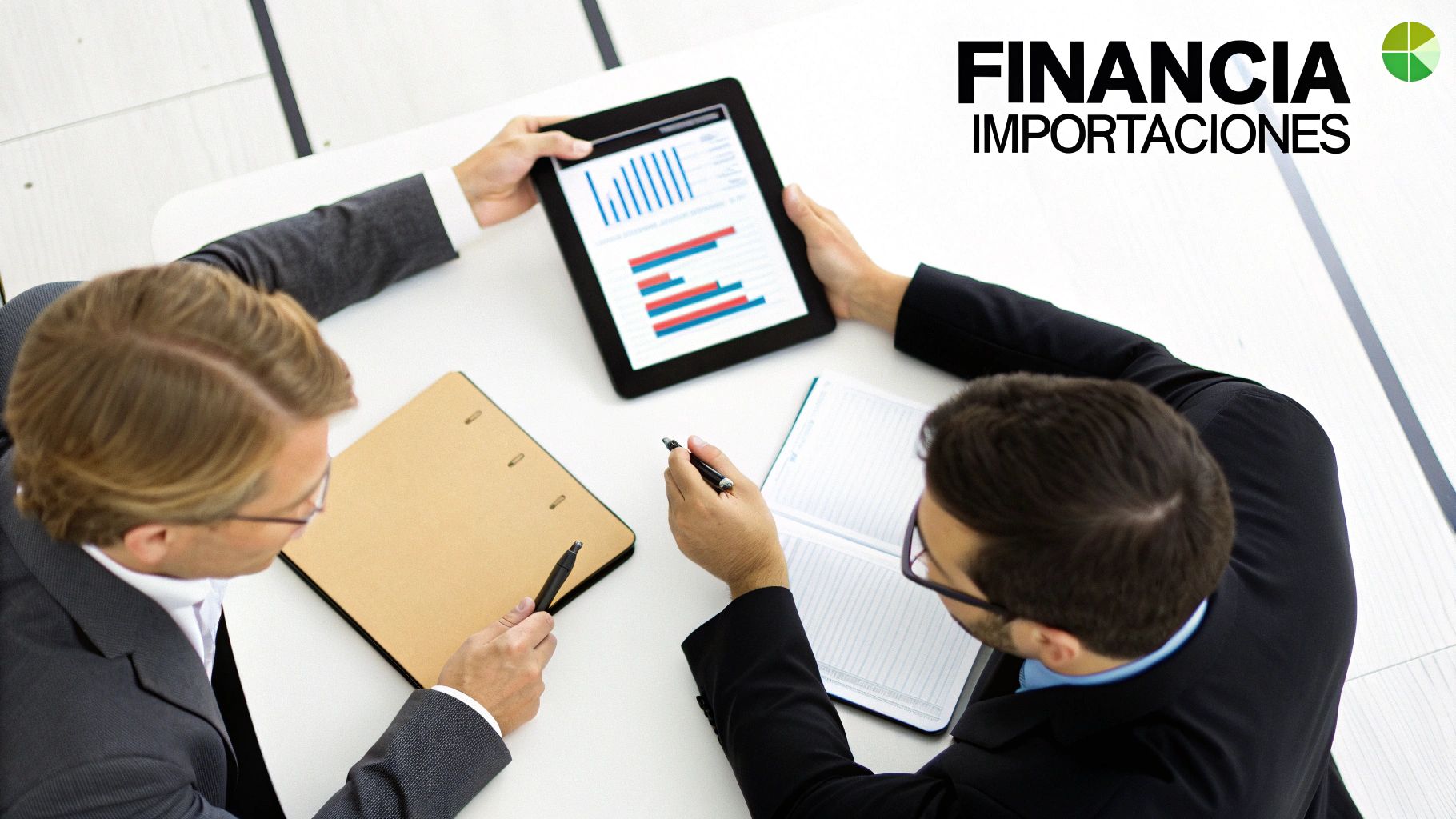 Dos hombres de negocios analizan gráficos en una tablet y toman notas sobre finanzas de importación.
