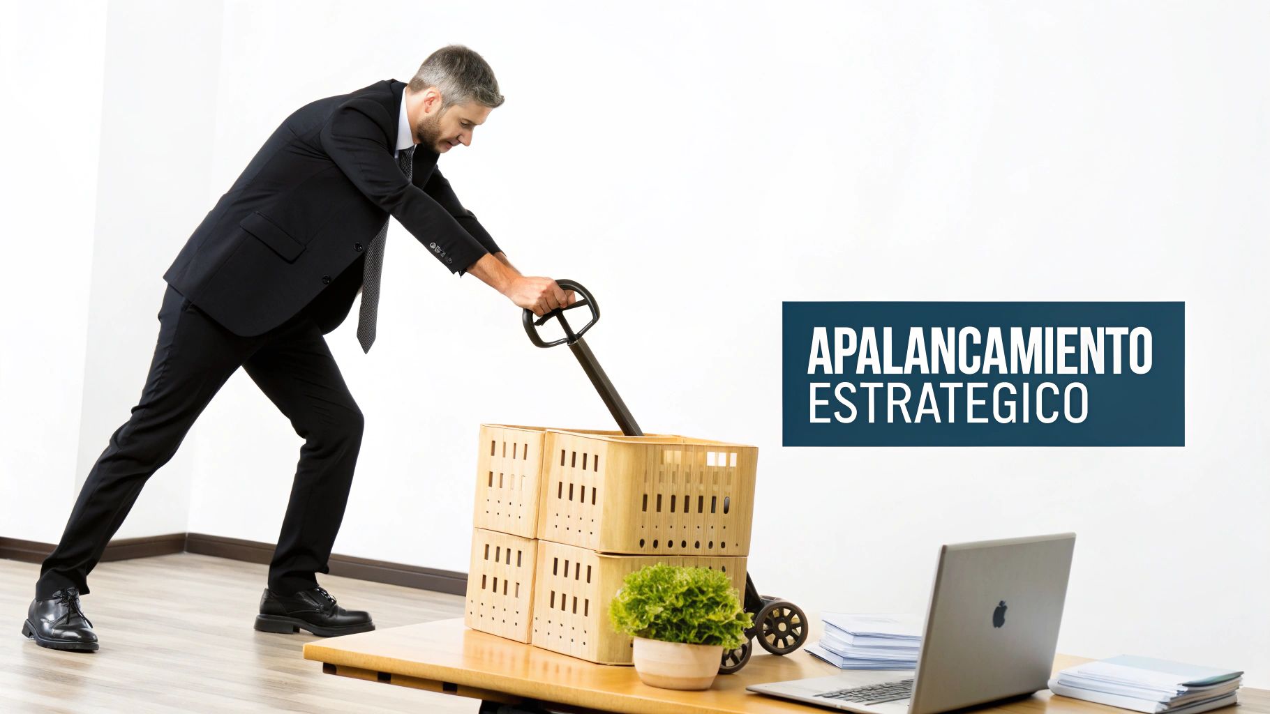 Hombre de negocios aplicando palanca para mover cajas con una carretilla, simbolizando razones de apalancamiento
estratégico.