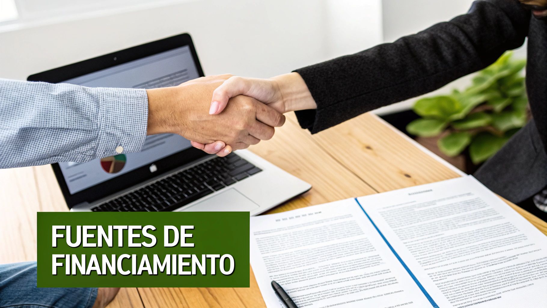 Dos personas se dan la mano sobre un escritorio con documentos y un portátil, con el texto 'FUENTES DE FINANCIAMIENTO'.