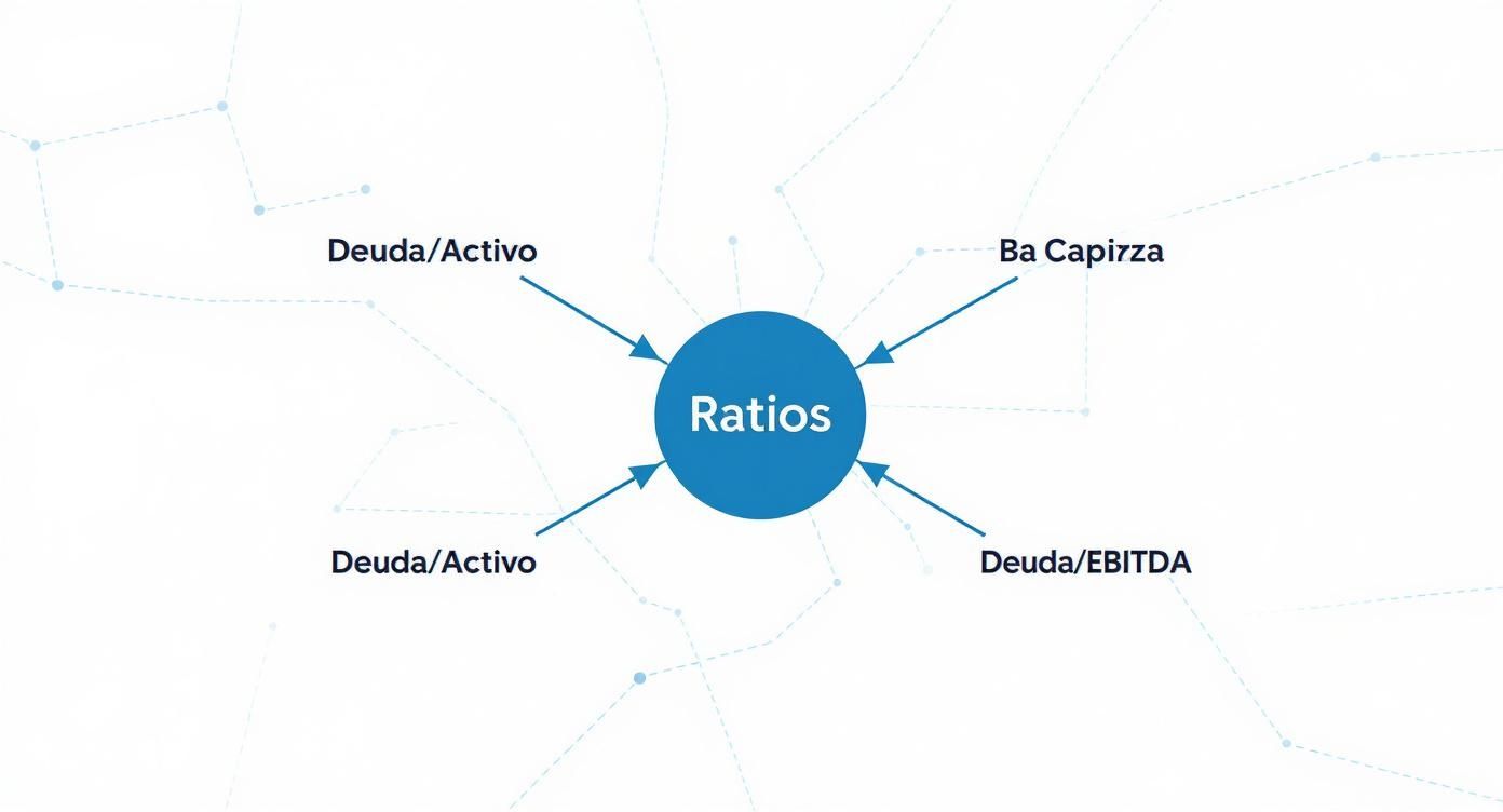 Diagrama con el concepto central de ratios de endeudamiento, incluyendo Deuda/Activo, Ba Capirza y Deuda/EBITDA.