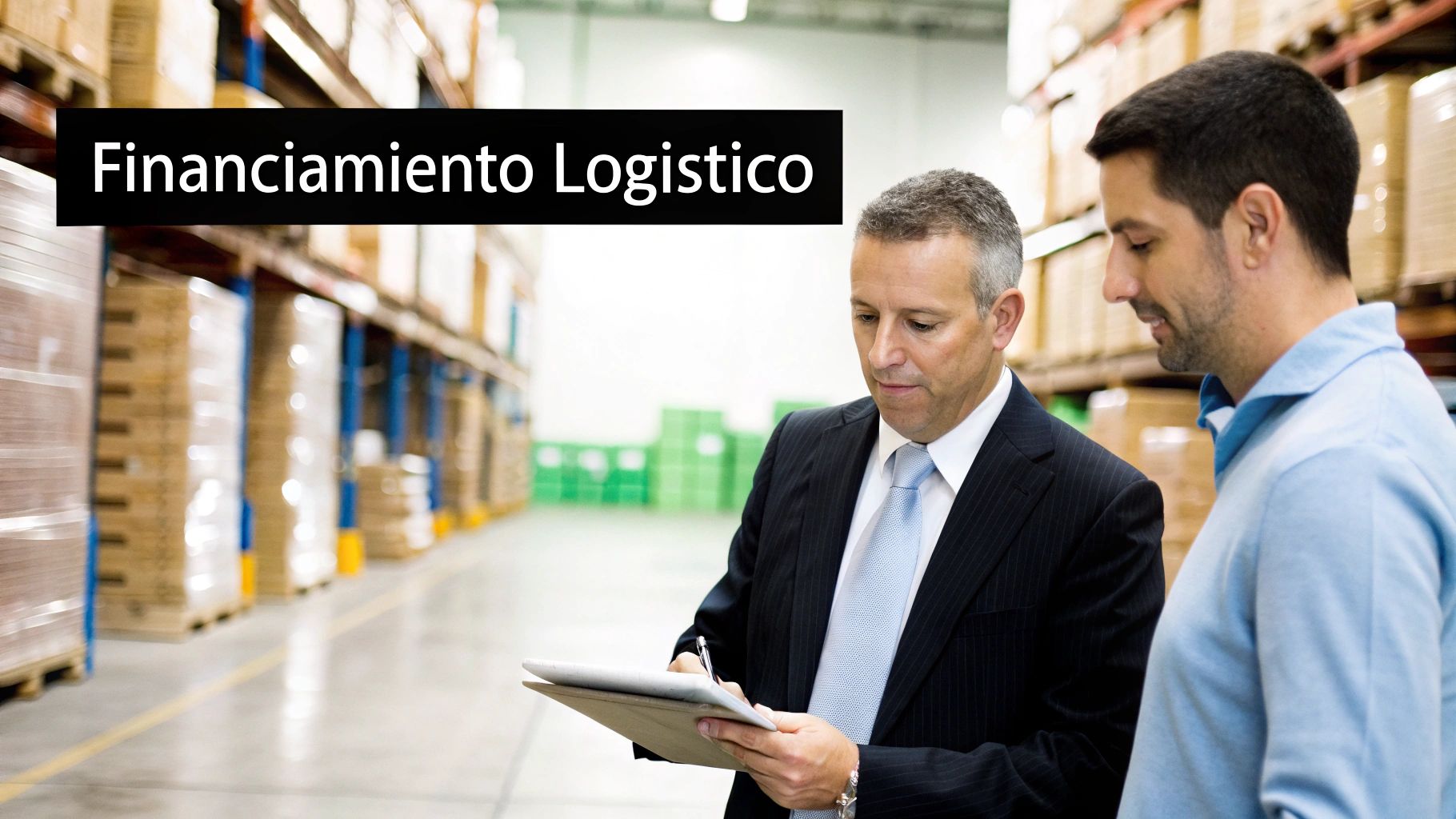Dos hombres en un almacén discuten y uno escribe en un portapapeles. El texto negro dice "Financiamiento Logistico".