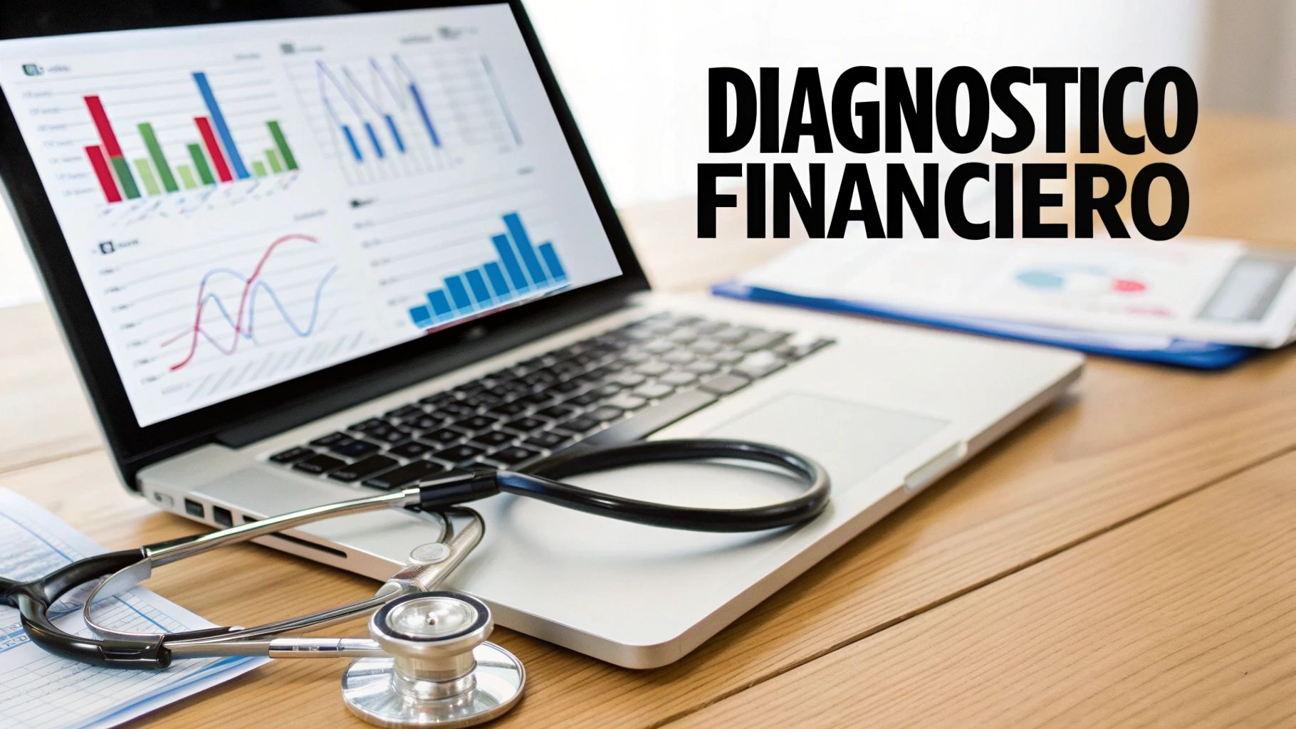 Laptop con gráficos financieros y un estetoscopio sobre una mesa de madera, con el texto 'DIAGNÓSTICO FINANCIERO'.