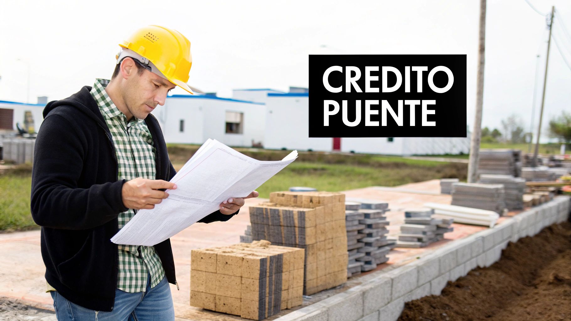 Ingeniero de construcción con casco amarillo y planos, en un sitio de obra con materiales y el texto 'CRÉDITO PUENTE'.