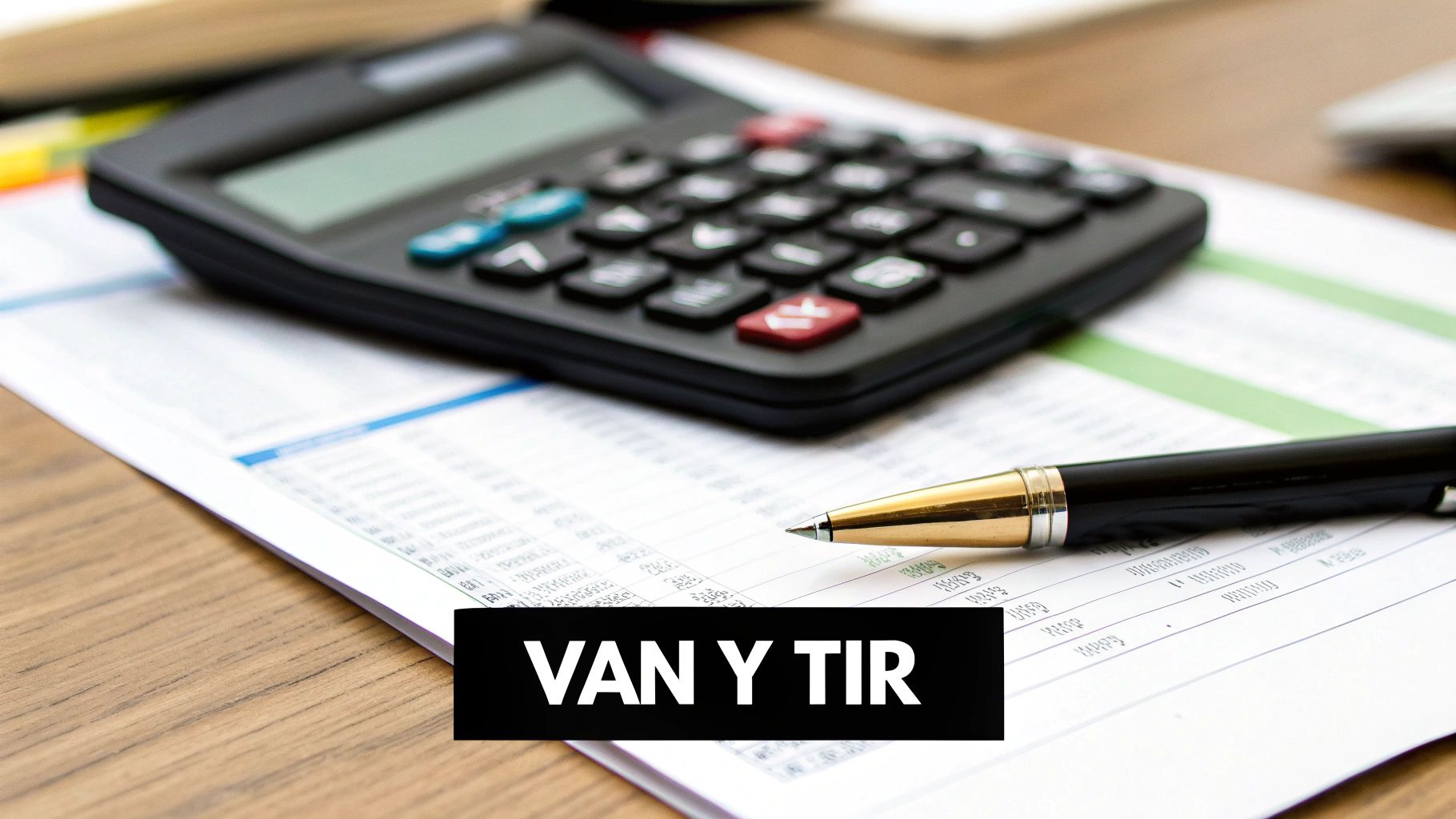 Calculadora, bolígrafo y documentos financieros en un escritorio de madera, destacando conceptos de análisis de inversión como VAN y TIR.