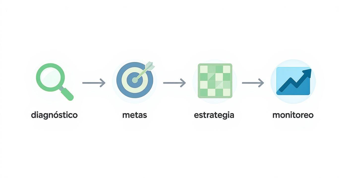 Un diagrama de flujo que ilustra un proceso de 4 pasos: diagnóstico, metas, estrategia y monitoreo con iconos representativos.