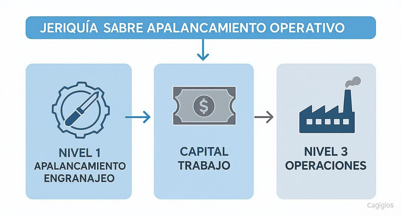 Diagrama de jerarquía sobre apalancamiento operativo, mostrando nivel 1 (engranajeo), capital de trabajo y nivel 3 (operaciones).