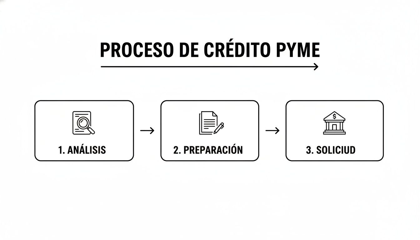 Diagrama que muestra los tres pasos del proceso de crédito PYME: análisis, preparación y solicitud.