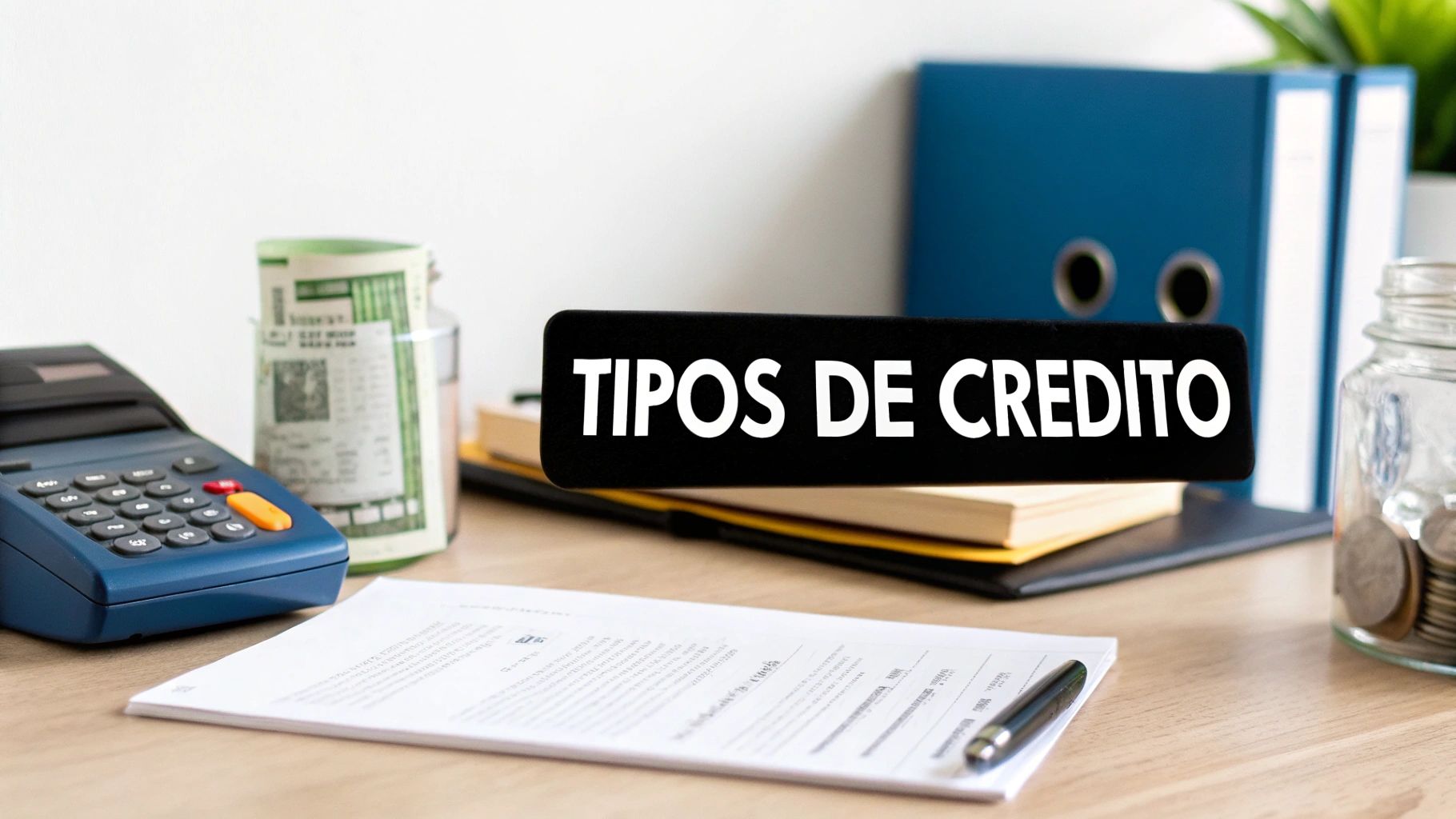 Mesa con calculadora, documentos, dinero, y un cartel negro que dice 'TIPOS DE CRÉDITO' en blanco.
