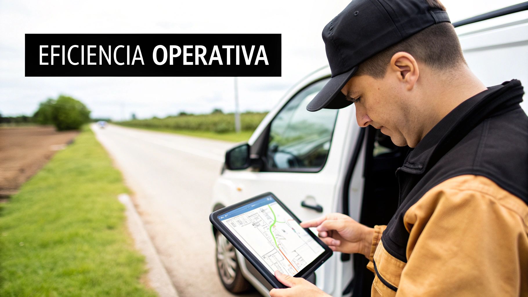 Hombre con gorra y uniforme de trabajo revisando un mapa en una tablet junto a una furgoneta. Mensaje: Eficiencia Operativa.