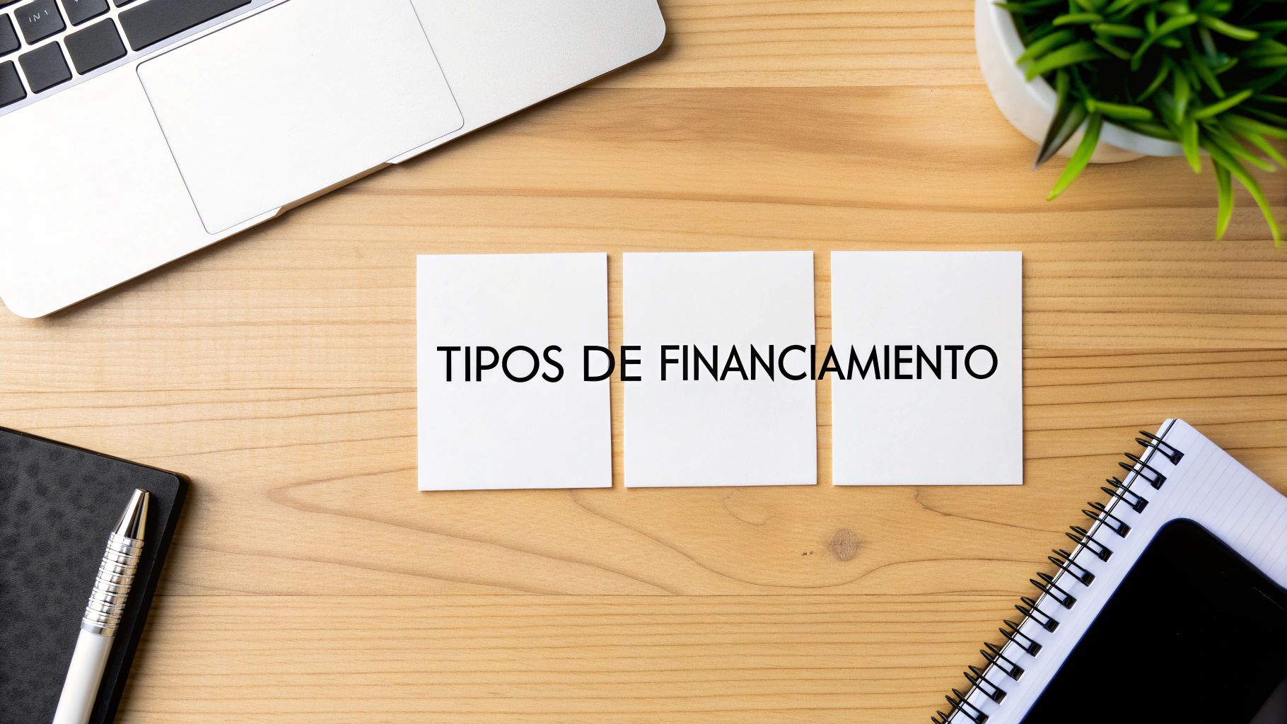 Vista aérea de un escritorio de madera con tarjetas que dicen 'TIPOS DE FINANCIAMIENTO', rodeado de objetos de oficina.
