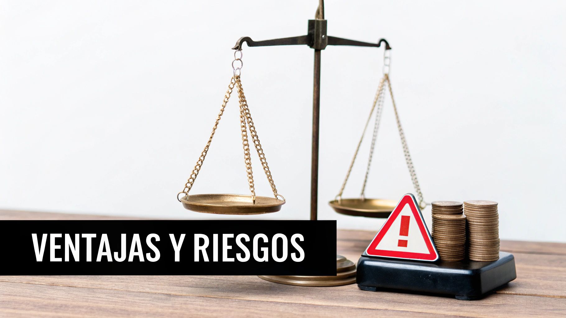 Balanzas de justicia con un plato vacío y otro con monedas apiladas y señal de advertencia, junto al texto 'Ventajas y Riesgos'.
