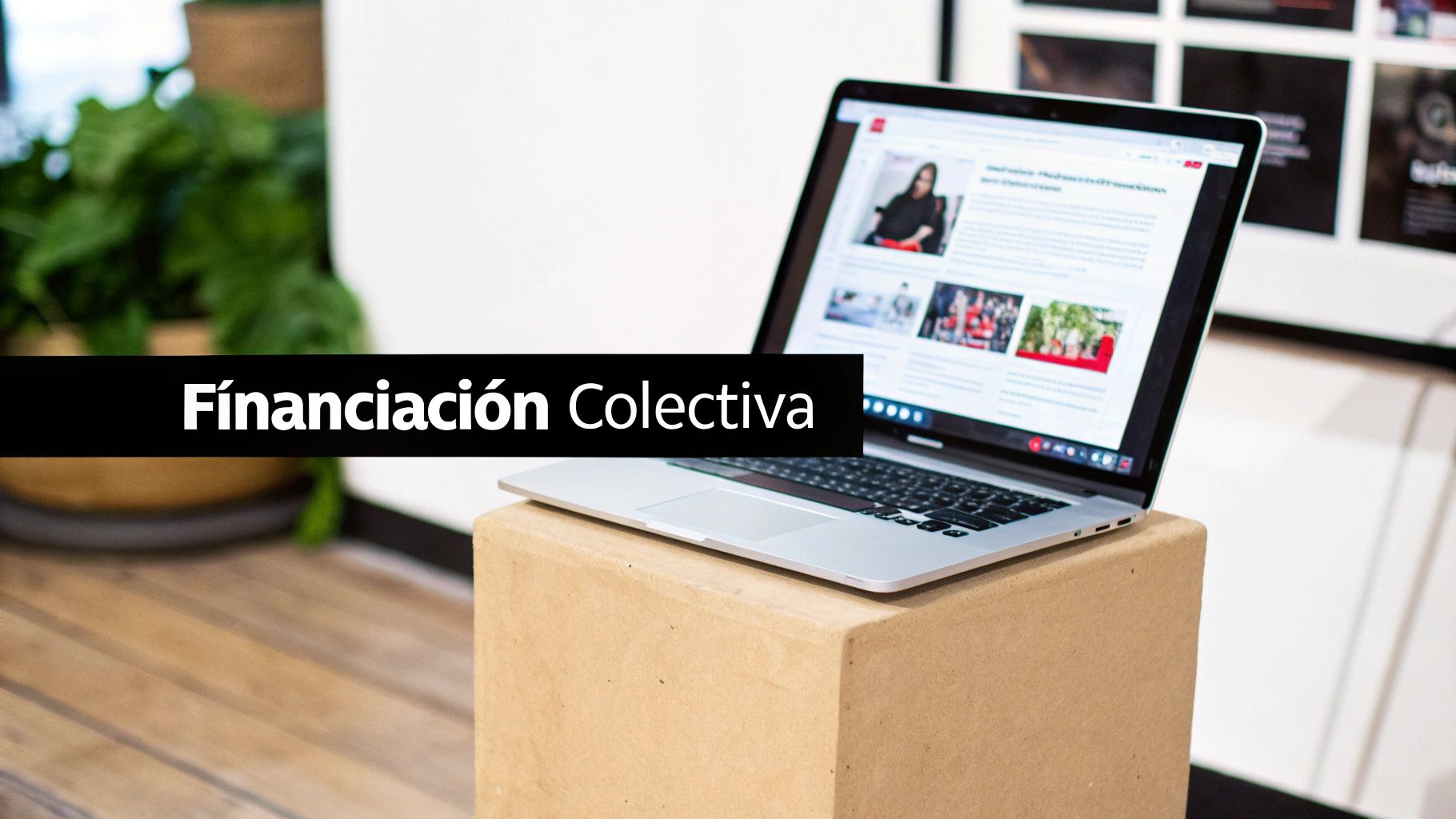 Laptop mostrando página web de financiación colectiva o crowdfunding sobre escritorio minimalista de madera