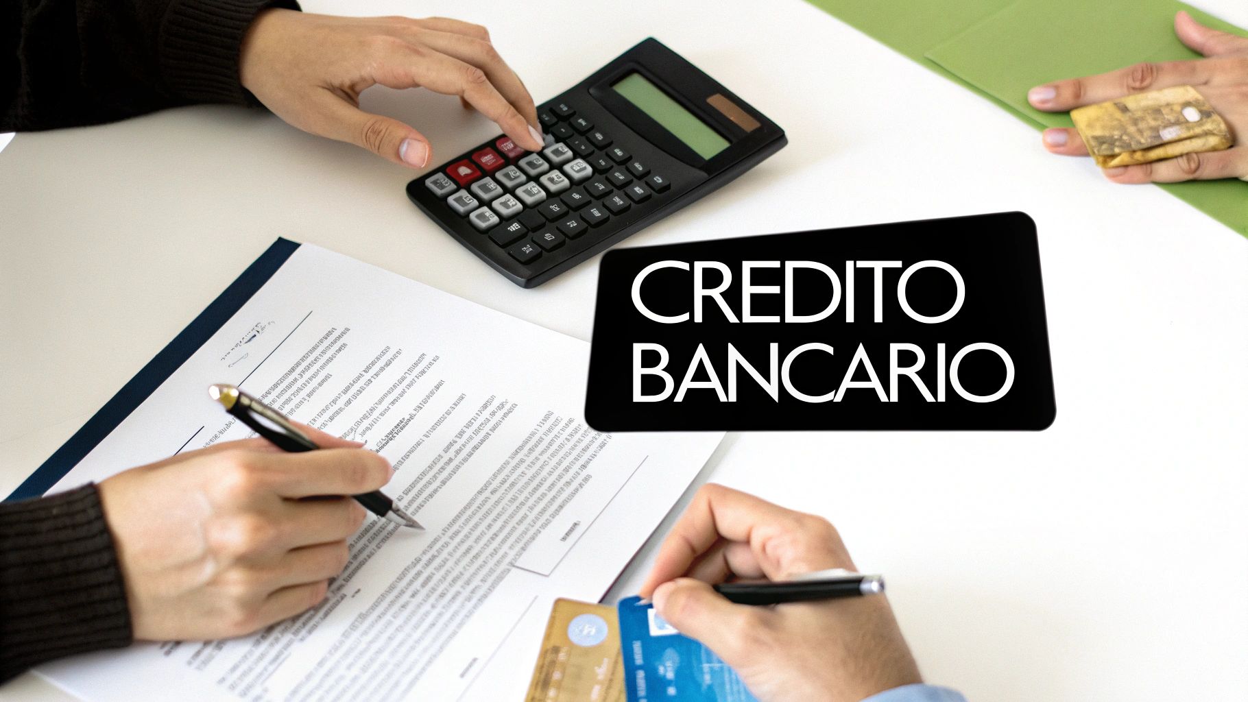 Personas analizando crédito bancario con calculadora, documentos y tarjetas de crédito sobre mesa