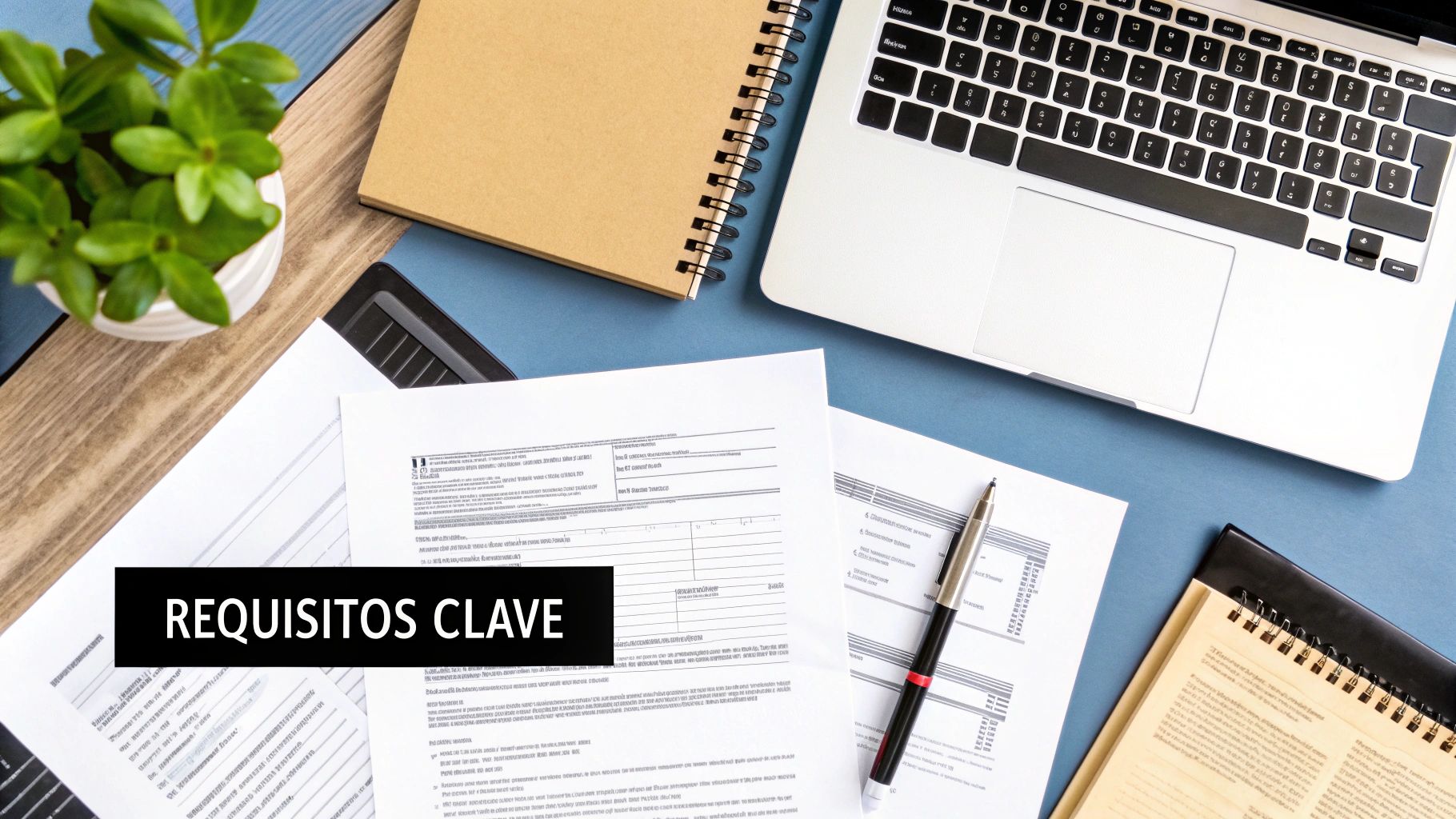 Vista aérea de un escritorio con documentos, un portátil, un bolígrafo y una planta, con el texto 'REQUISITOS CLAVE'.