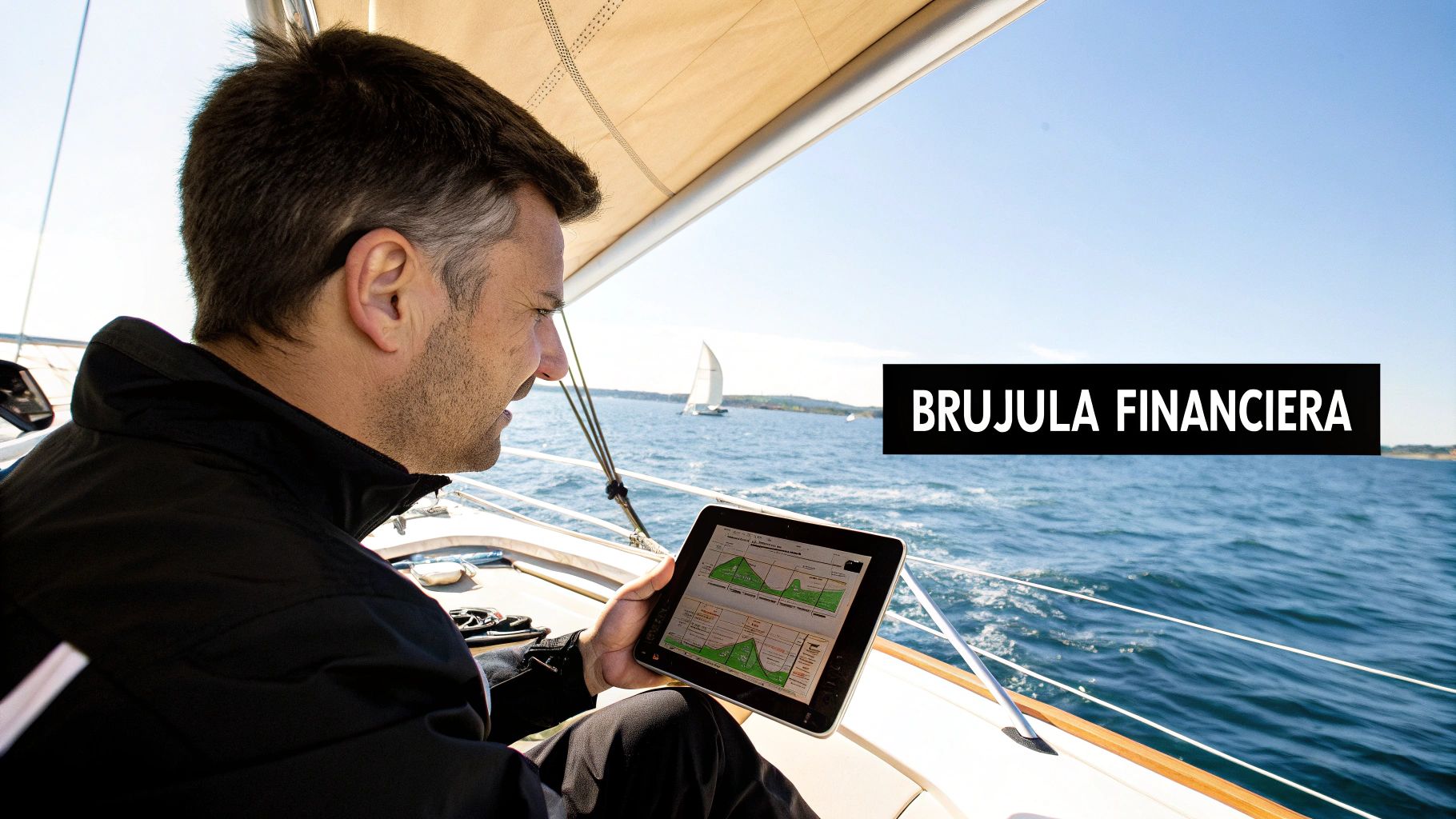 Hombre en velero revisando gráficos financieros en una tablet con el mar de fondo como gestión de riesgos financieros