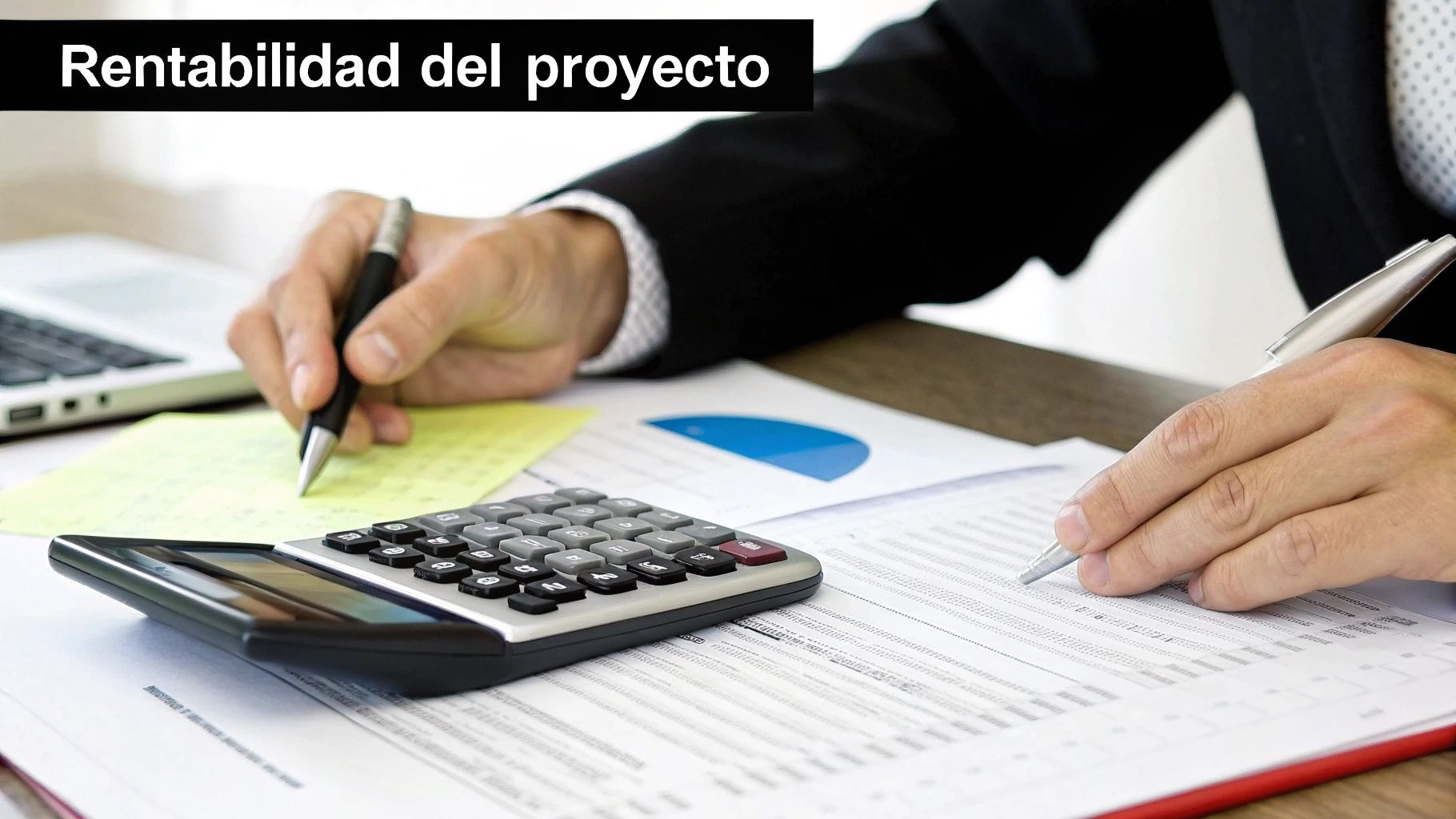 Persona analizando la rentabilidad de un proyecto, usando calculadora y documentos financieros en una oficina.