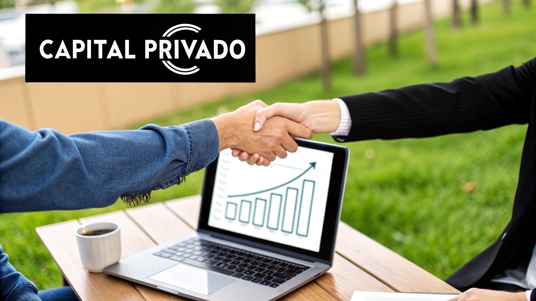 Apretón de manos entre dos profesionales cerrando acuerdo de capital privado con gráfico de crecimiento