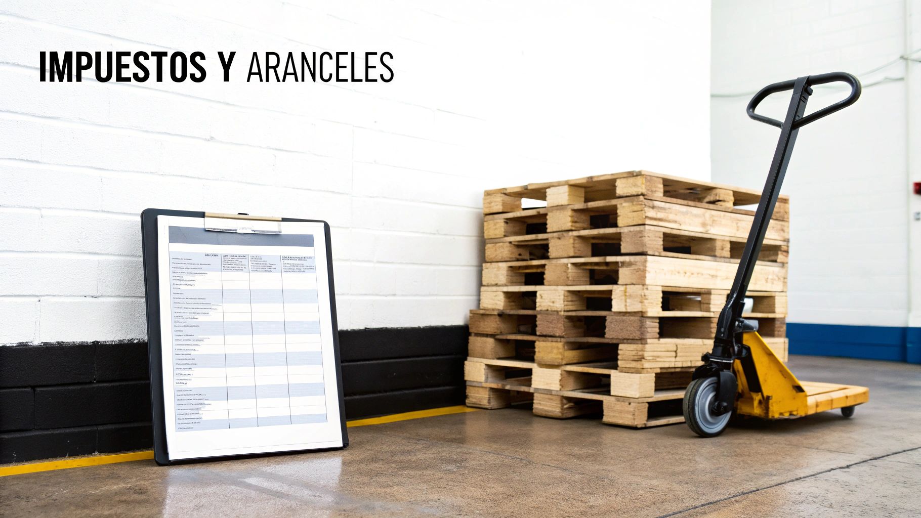 Un portapapeles con documento, paletas de madera y un transpaleta en un almacén. El texto dice 'Impuestos y Aranceles'.