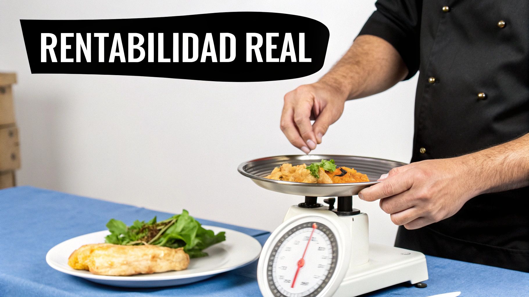 Un chef pesando comida en una báscula de cocina, simbolizando la rentabilidad real en un restaurante.