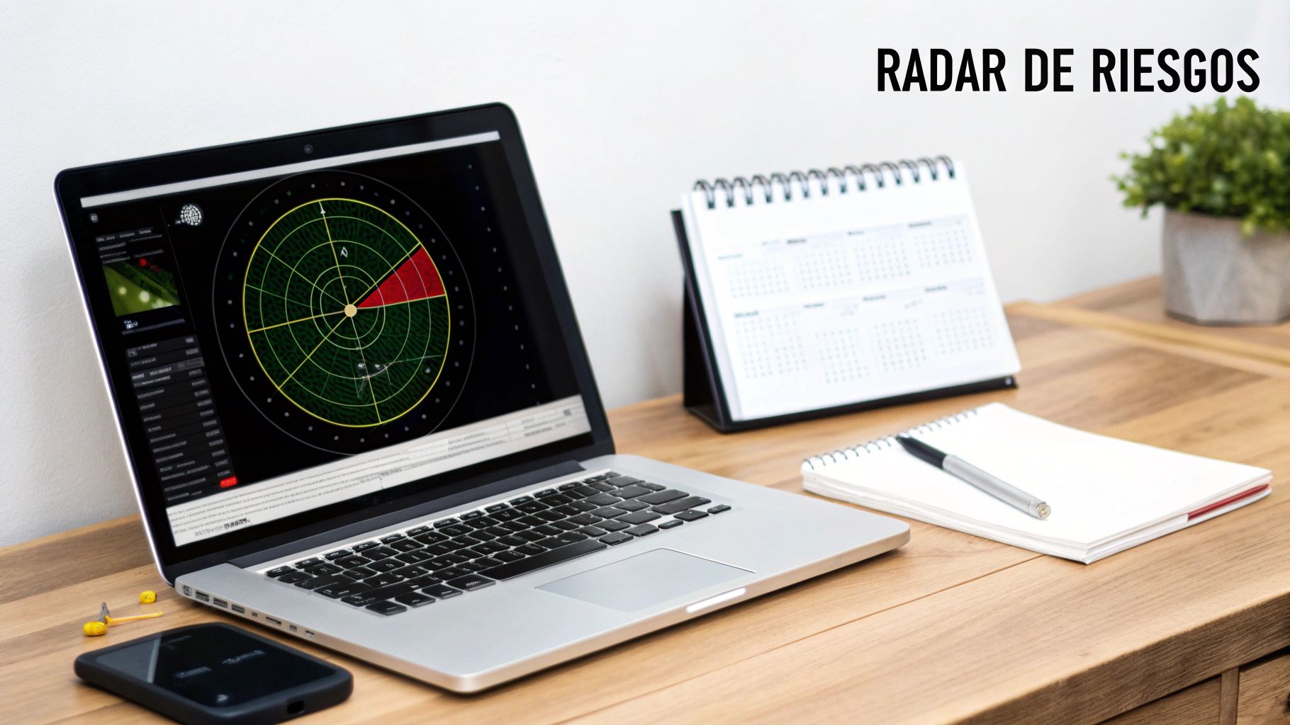 Laptop mostrando un radar de riesgos financieros en una oficina con calendario y cuaderno.