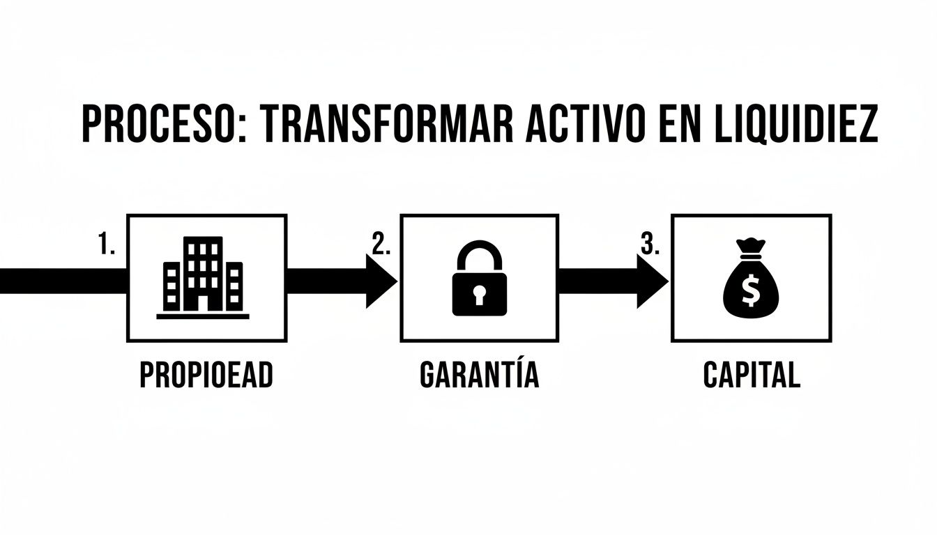 Diagrama de flujo que muestra el proceso de transformar un activo, como una propiedad, en liquidez (capital) mediante una garantía.