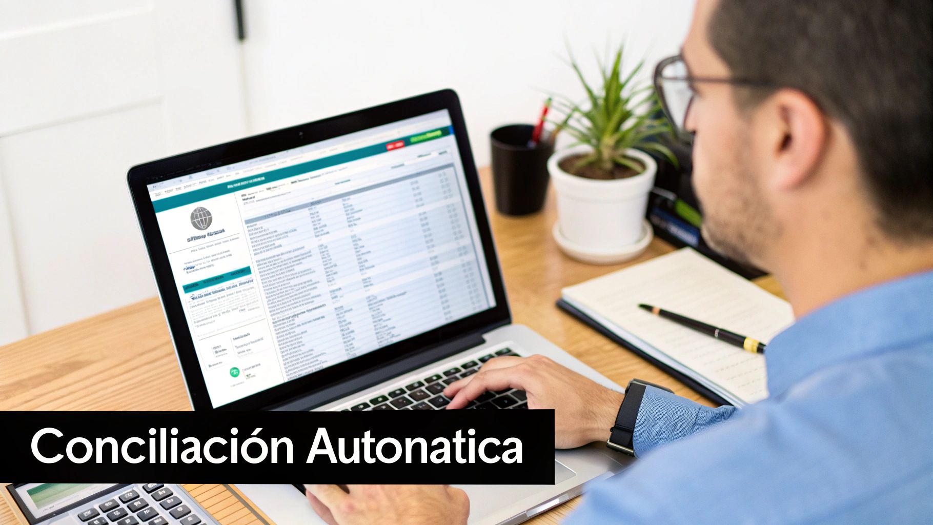 Un hombre en su escritorio trabajando en una laptop con una aplicación financiera y una calculadora, con texto "Conciliación Automática".