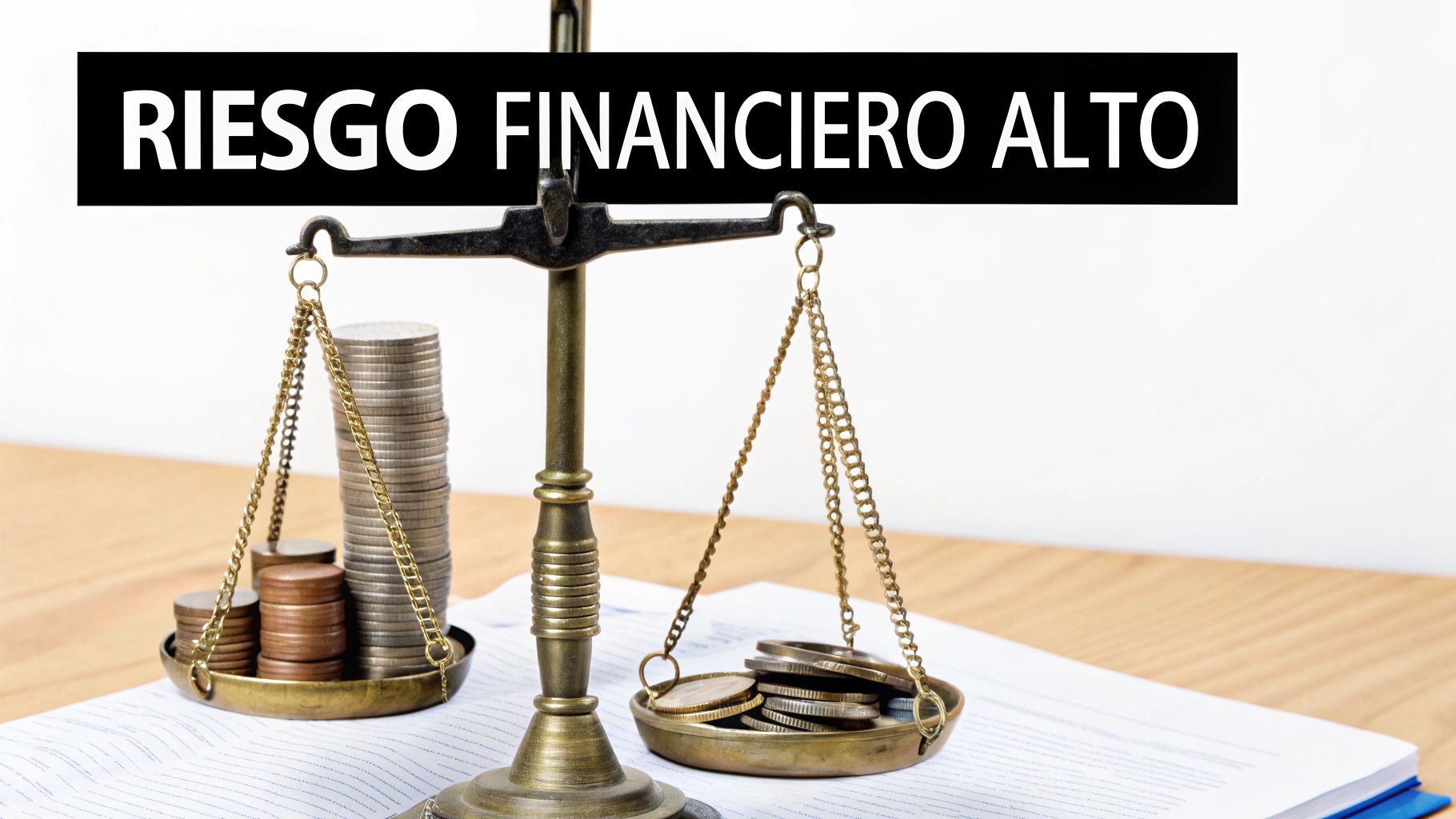 Una balanza de latón con pilas de monedas y el texto "RIESGO FINANCIERO ALTO".