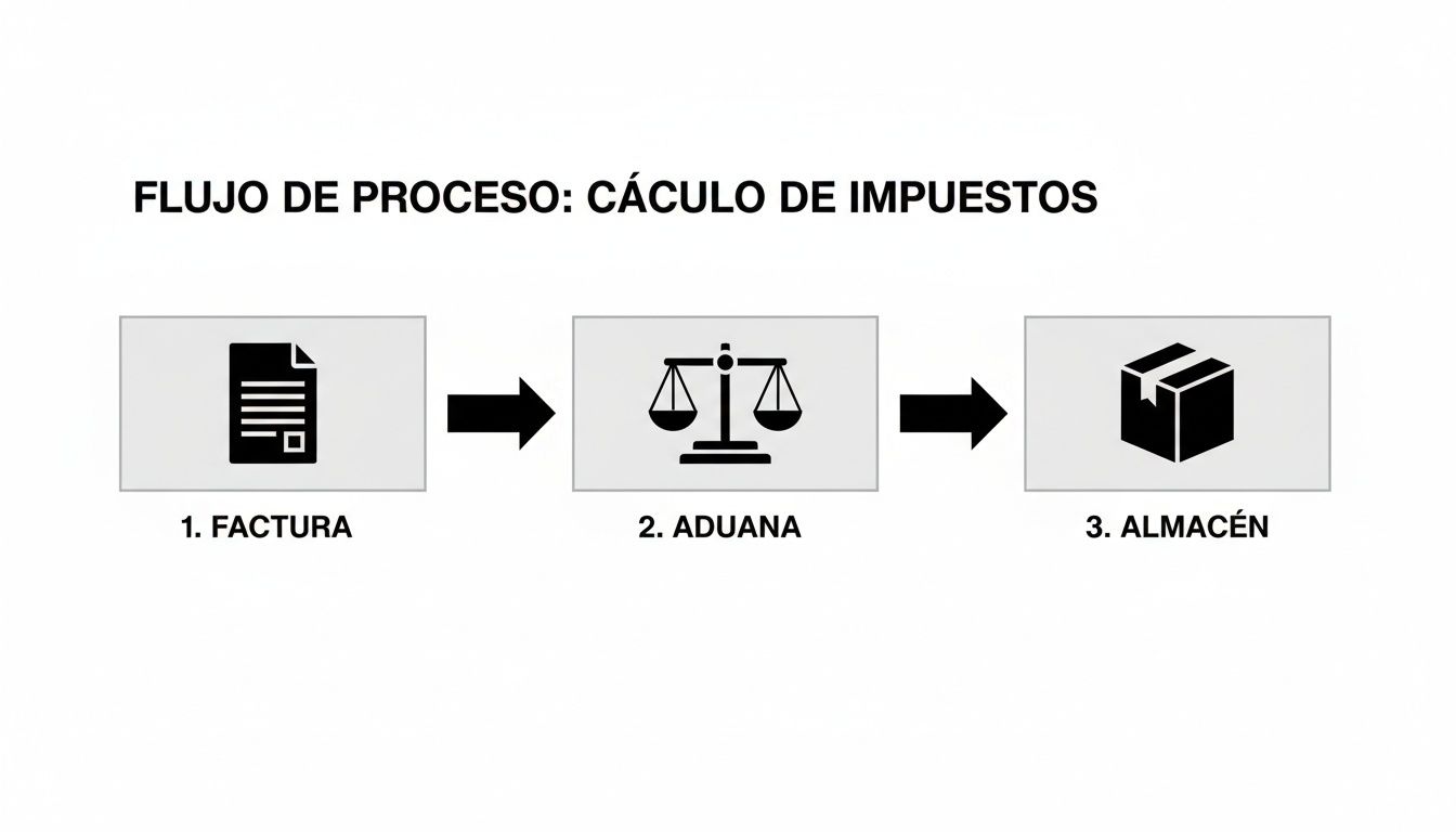 Diagrama de flujo de proceso para el cálculo de impuestos, mostrando factura, aduana y almacén.