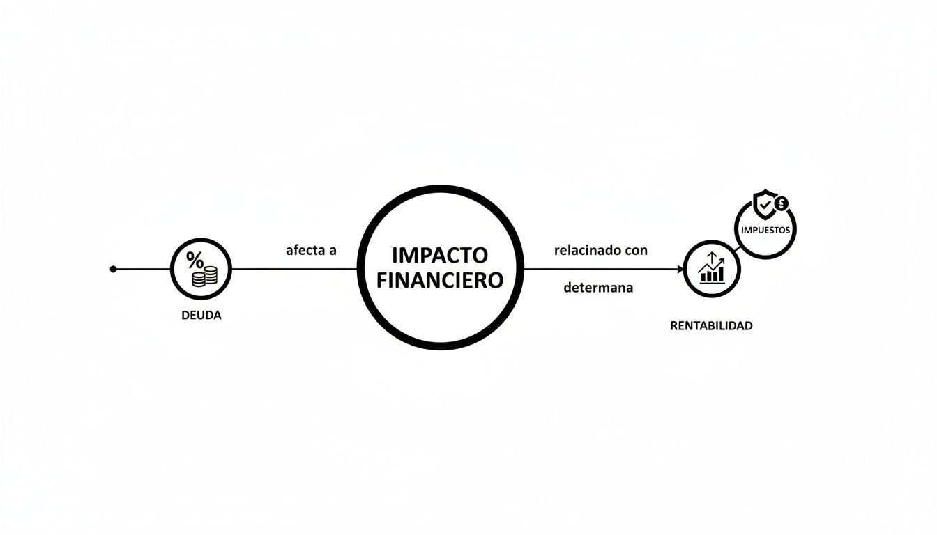 Diagrama de flujo que muestra la relación entre deuda, impacto financiero, rentabilidad e impuestos.