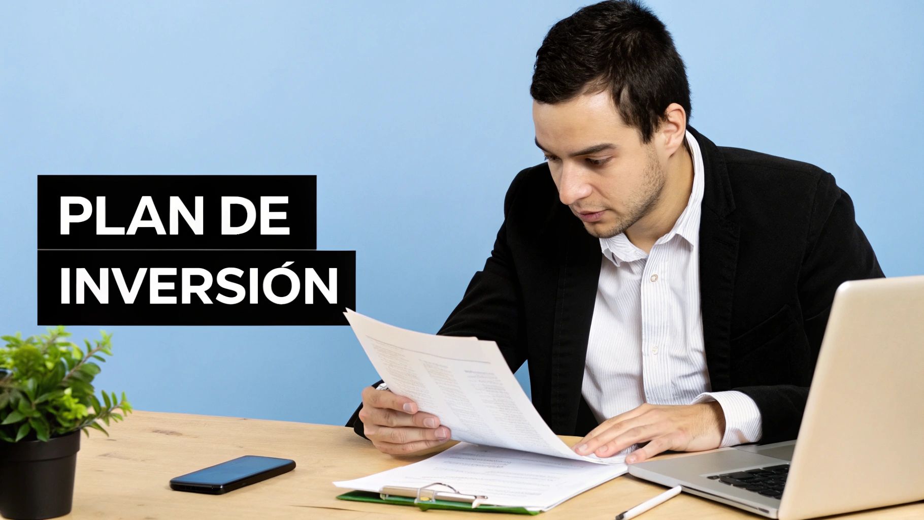 Hombre leyendo documentos sobre un plan de inversión en su escritorio con un portátil y teléfono.