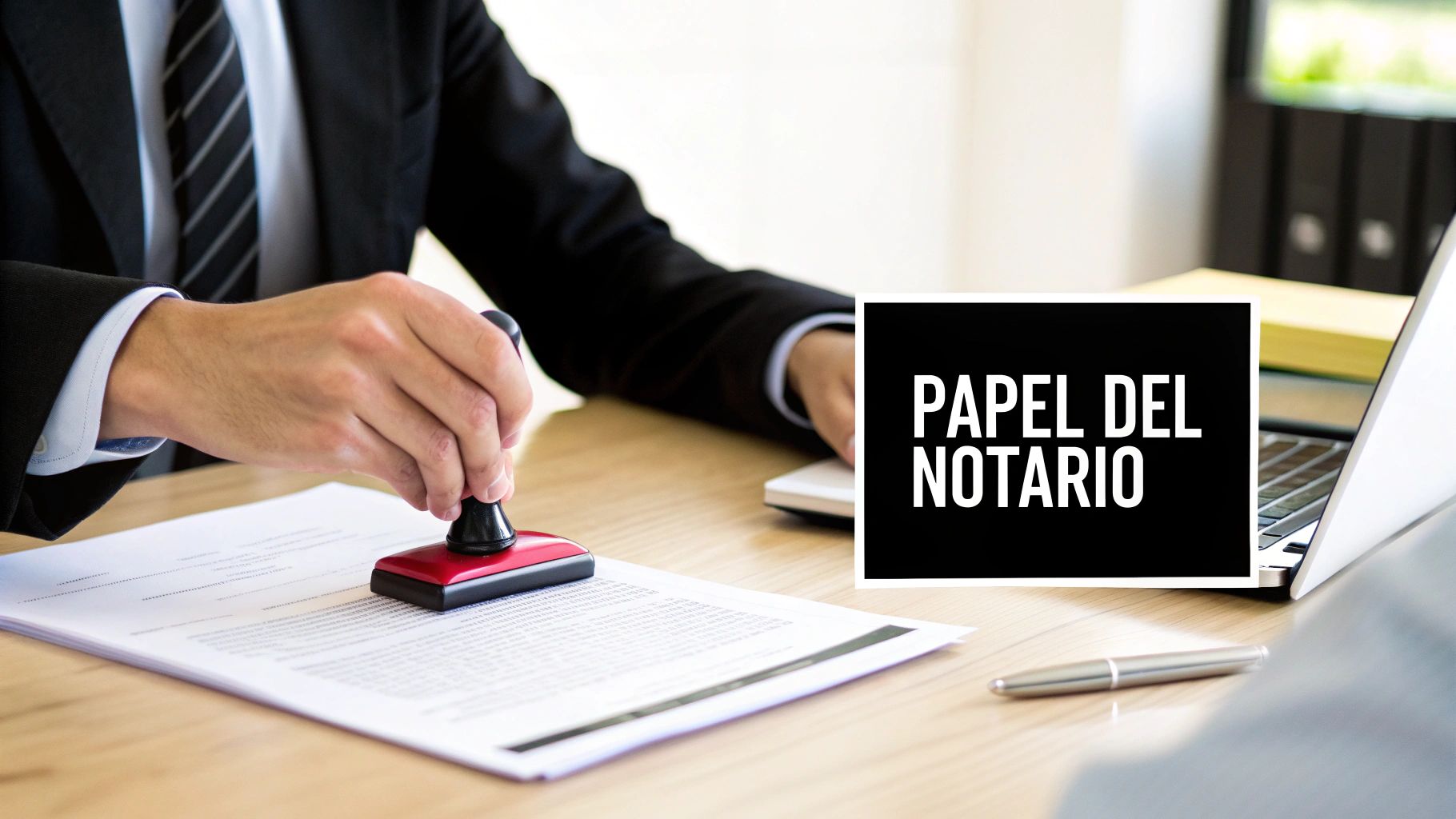 Persona en traje sellando un documento legal con un sello rojo, destacando el 'PAPEL DEL NOTARIO'.