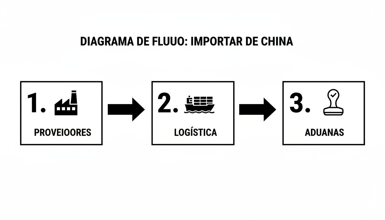 Diagrama de flujo para importar de China, mostrando los pasos de proveedores, logística y aduanas.