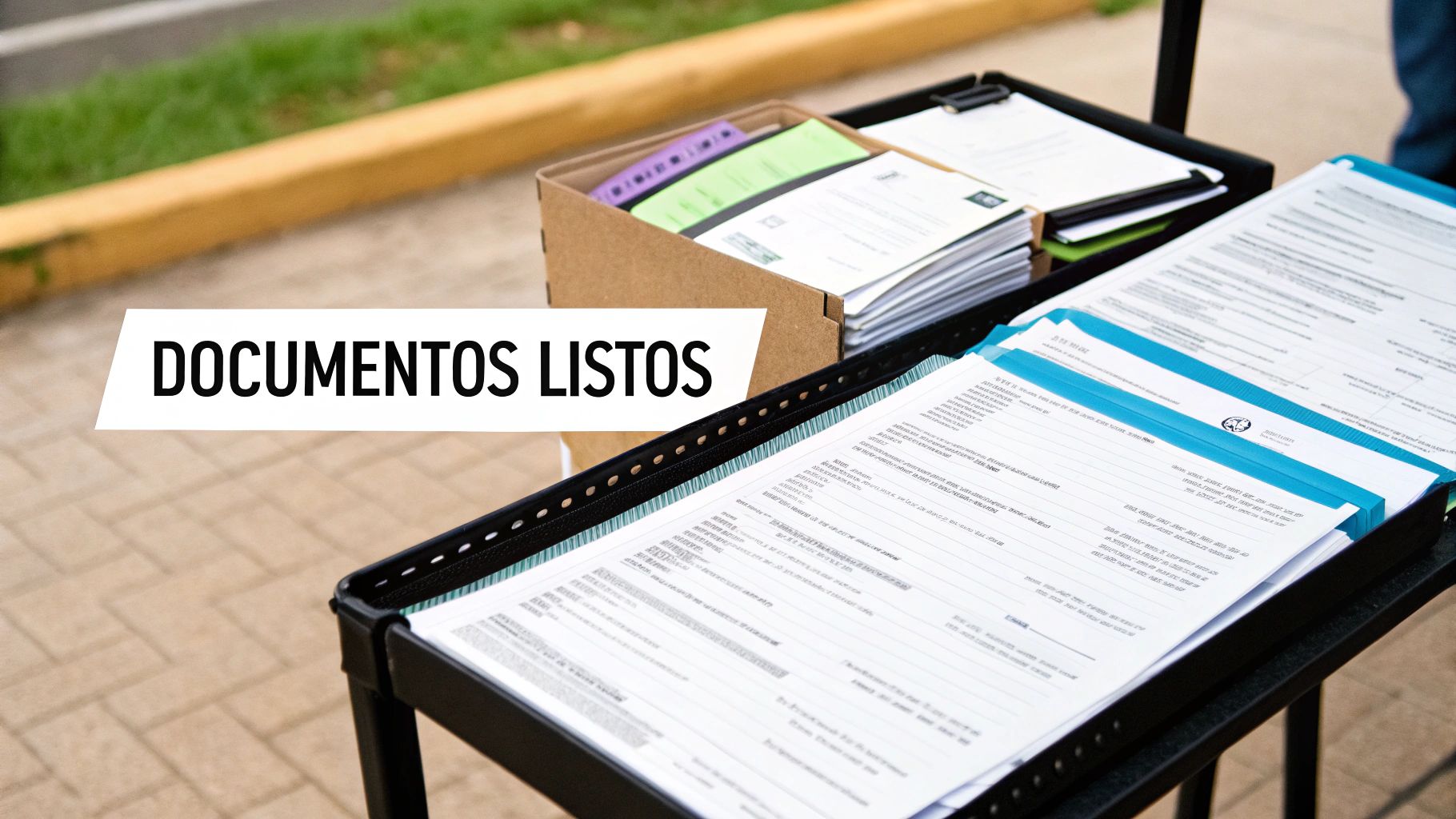 Documentos listos y organizados en carpetas y cajas sobre un soporte, con el texto "Documentos Listos".