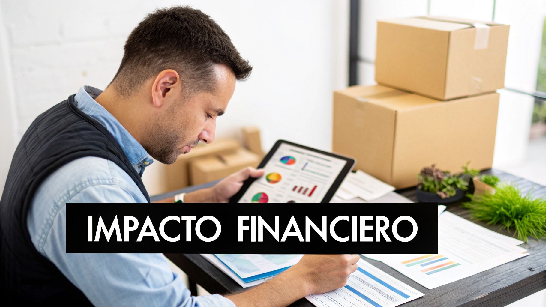 Un hombre analiza datos financieros en una tablet y documentos, con cajas de envío en una oficina.