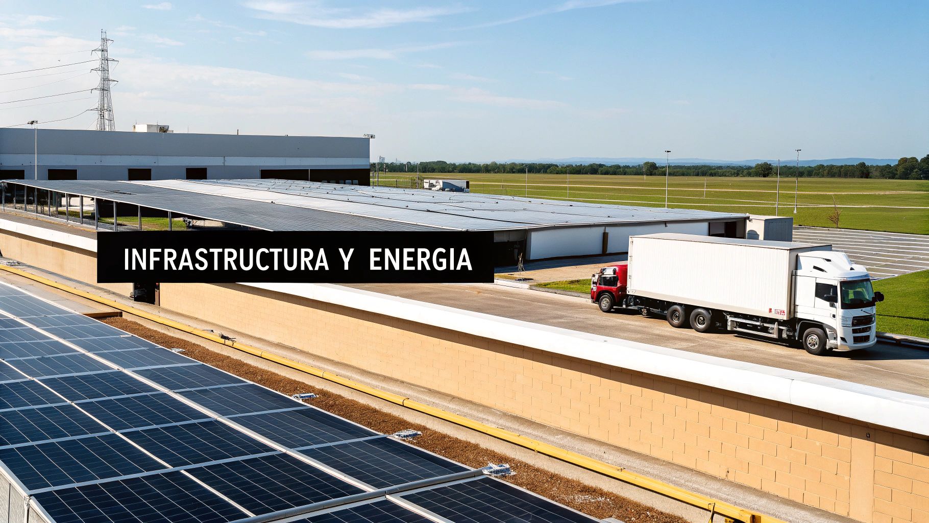 Edificio industrial con paneles solares en el tejado y camiones, mostrando infraestructura y energía renovable. Tipos de proyectos de inversion: