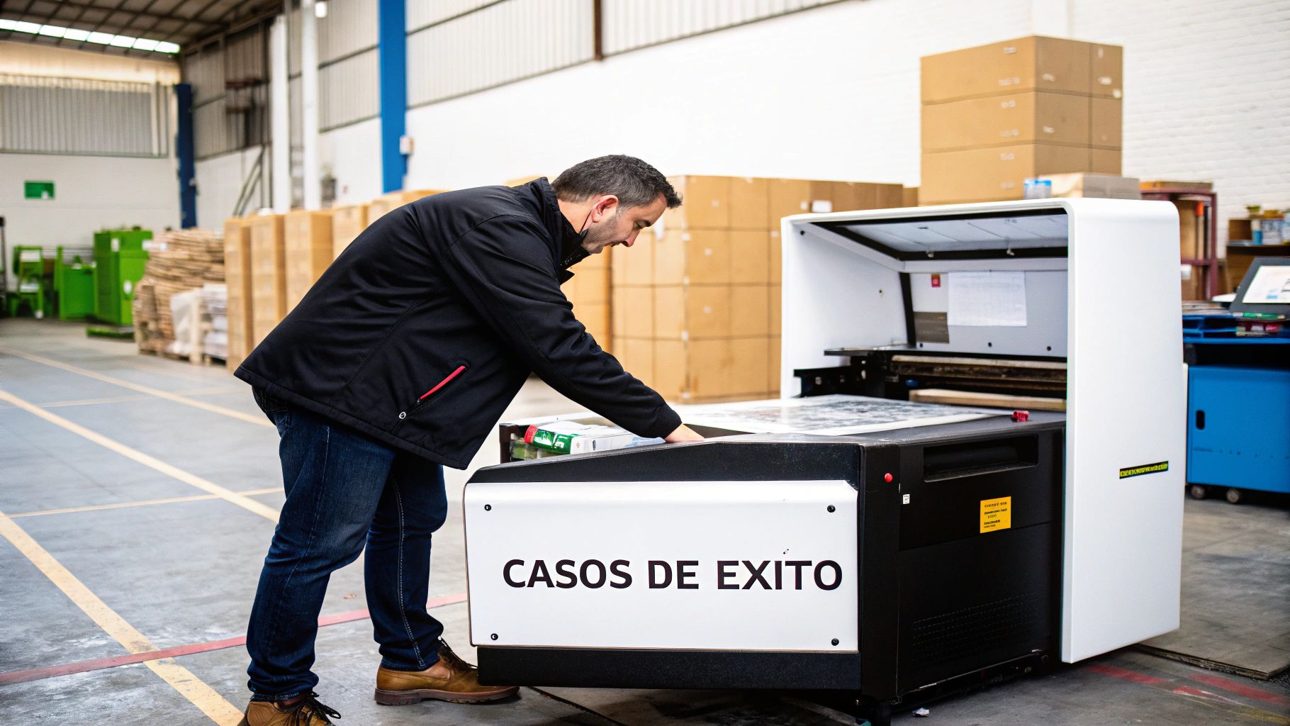 Operador revisa una máquina de impresión industrial con 'CASOS DE ÉXITO' en un entorno de fábrica.