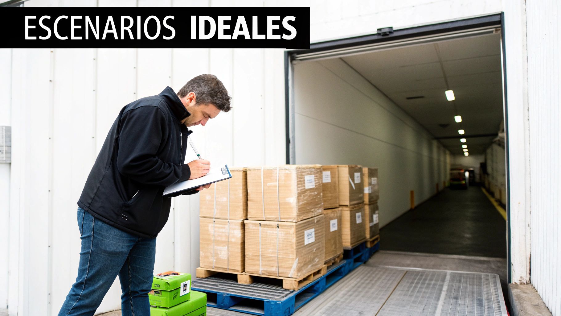 Hombre en un muelle de carga industrial, verificando documentos junto a palets con cajas.