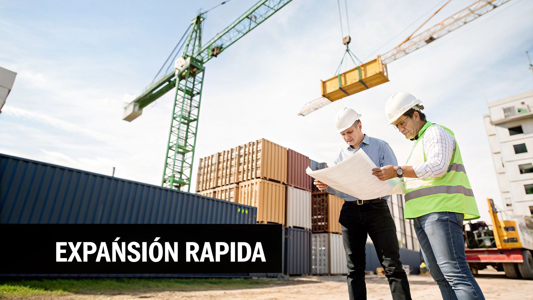 Dos ingenieros revisan planos en un sitio de construcción con grúas y contenedores. El texto dice 'Expansión Rápida'.