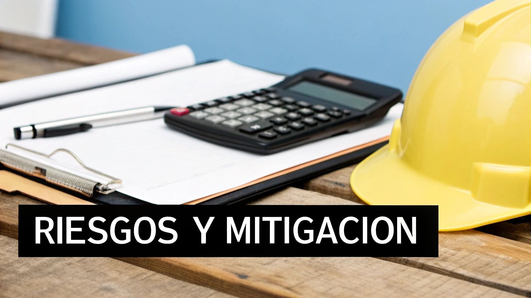 Casco de seguridad amarillo, calculadora, pluma y documentos en mesa de madera con título 'Riesgos y Mitigación'.