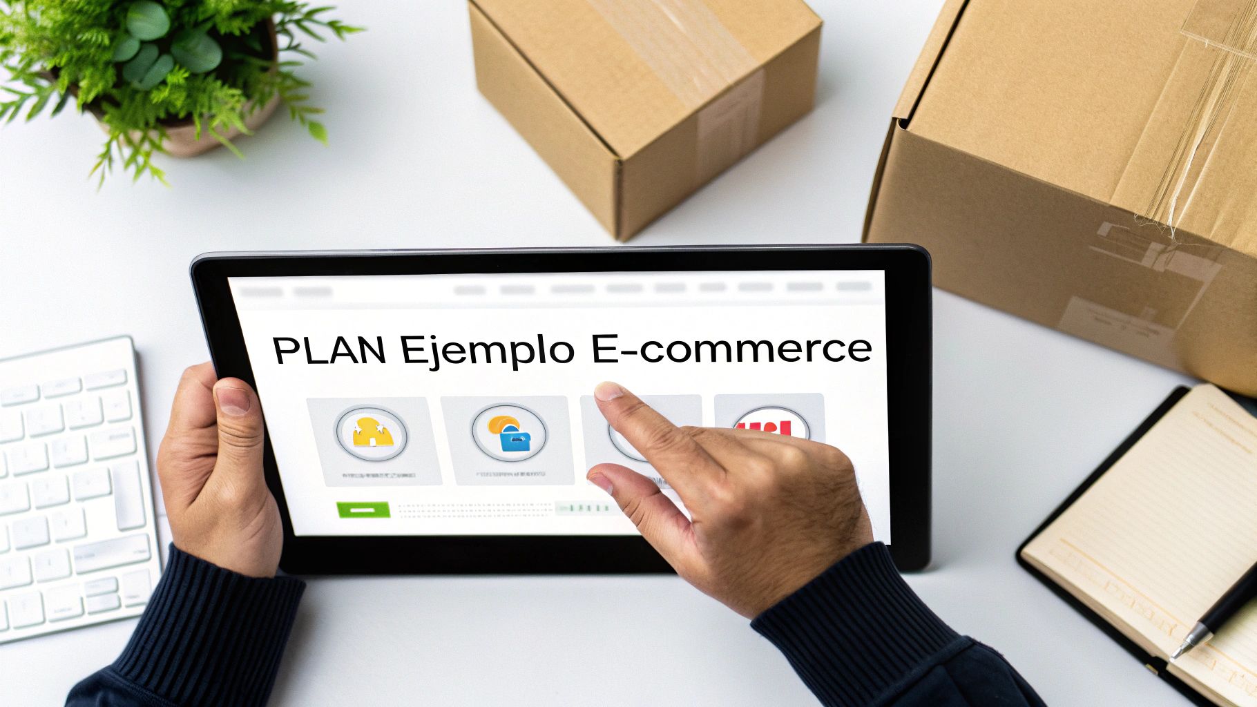 Hombre usando una tablet con la pantalla que muestra 'PLAN Ejemplo E-commerce', rodeado de cajas de envío.