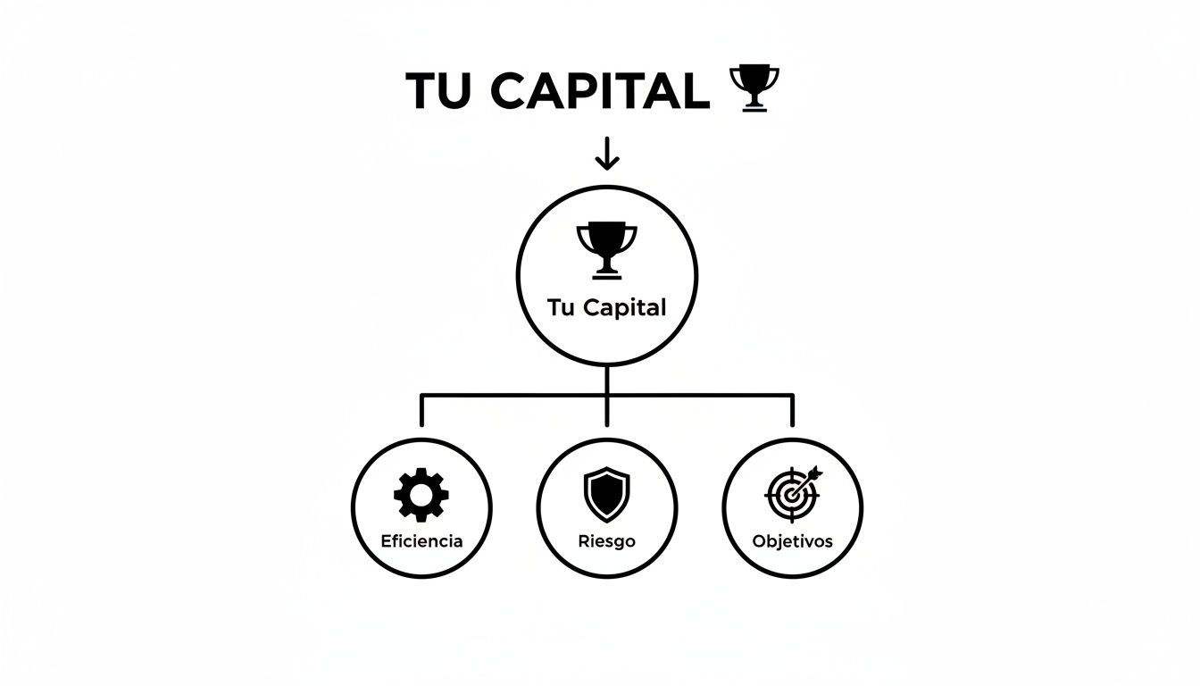 Diagrama de flujo que muestra 'Tu Capital' y sus componentes clave: Eficiencia, Riesgo y Objetivos.