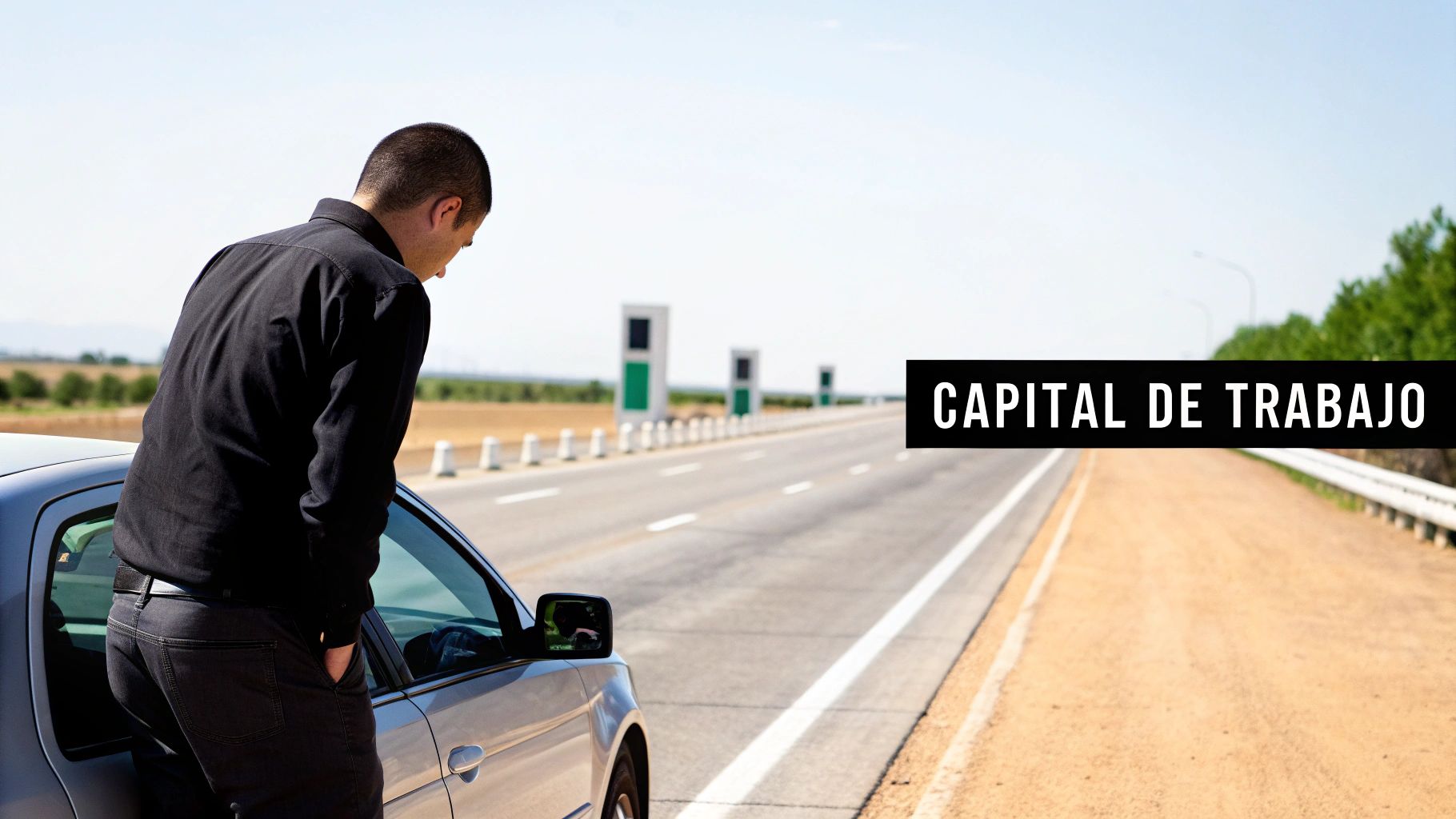 Hombre pensativo apoyado en su coche averiado al lado de una carretera, con texto 'CAPITAL DE TRABAJO'.
