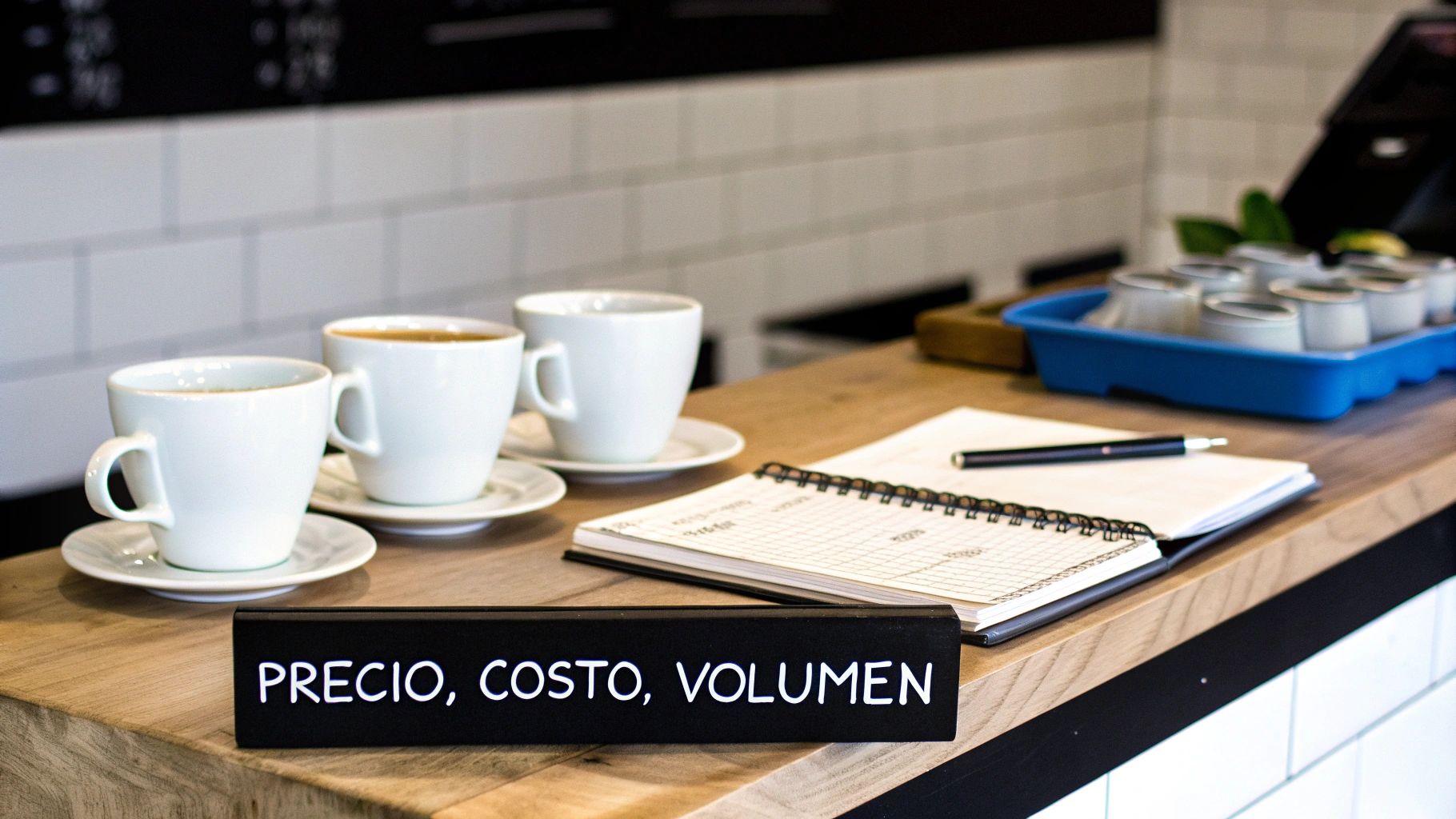 Tres tazas de café blancas en un mostrador de madera con un cartel que dice PRECIO, COSTO, VOLUMEN.
