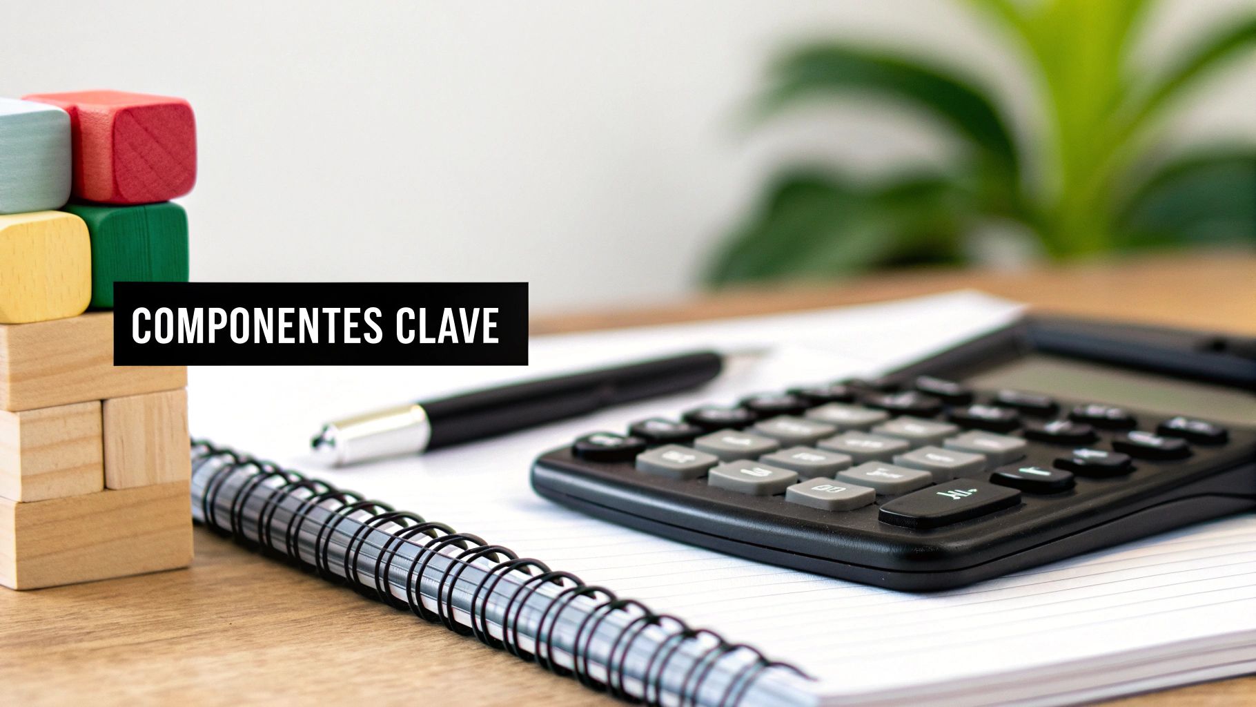 Calculadora, bolígrafo, cuaderno y bloques de madera coloridos con el texto 'Componentes Clave' en una mesa de oficina.