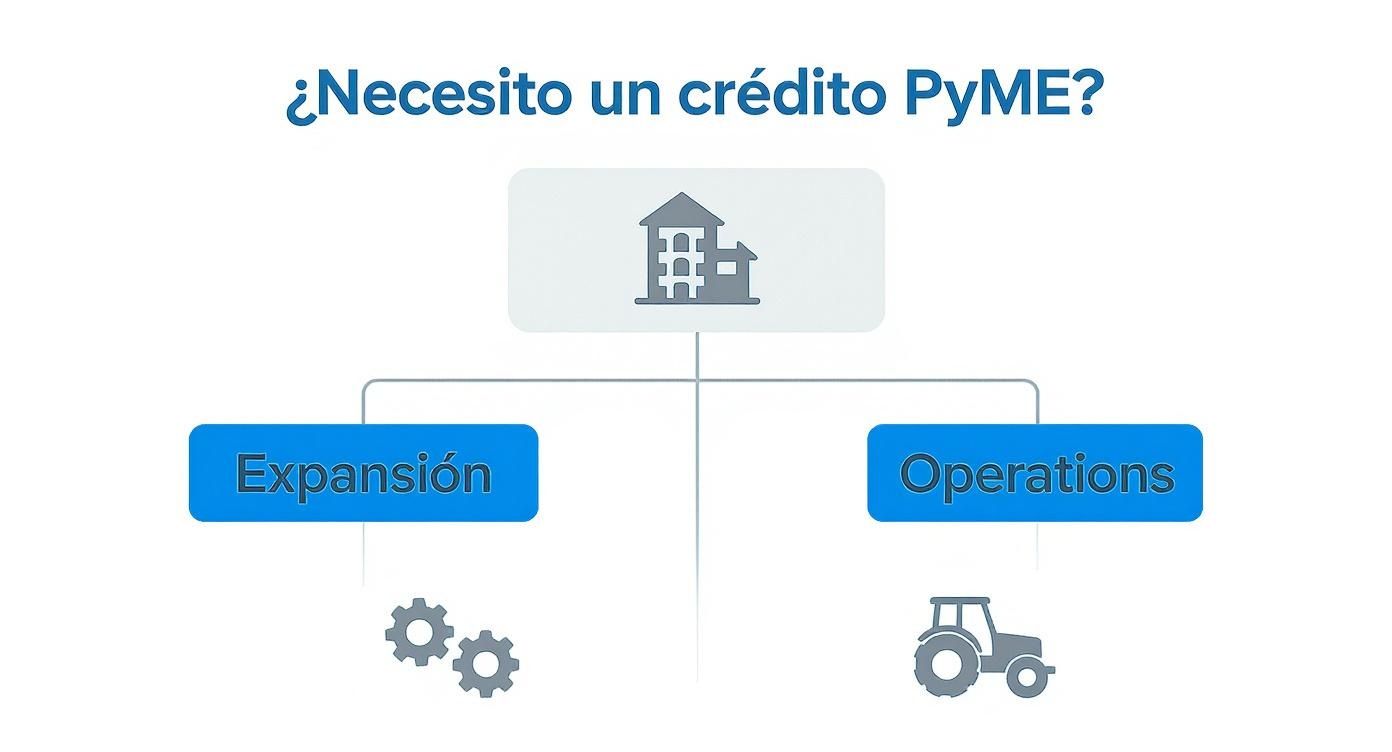 Diagrama explicativo de crédito PyME mostrando dos opciones: expansión con engranajes y operaciones con tractor agrícola