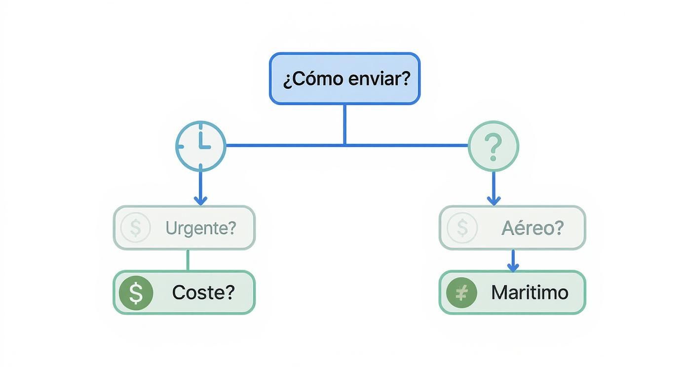 Diagrama de flujo sobre cómo enviar paquetes, mostrando decisiones entre urgencia, costo, aéreo y marítimo.