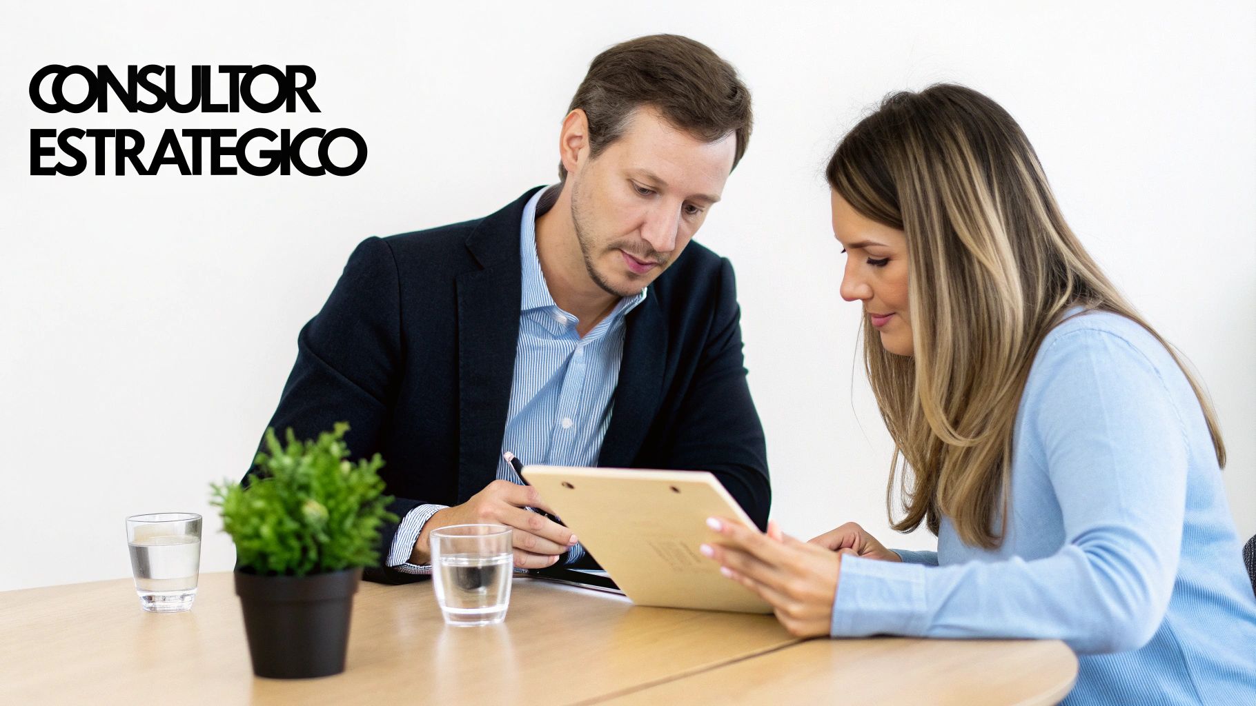 Un hombre y una mujer colaboran en una reunión de negocios, revisando documentos importantes.