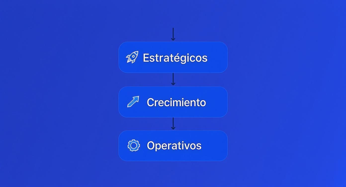 Diagrama de flujo con tres niveles: Estratégicos (cohete), Crecimiento (flecha ascendente) y Operativos (engranaje).